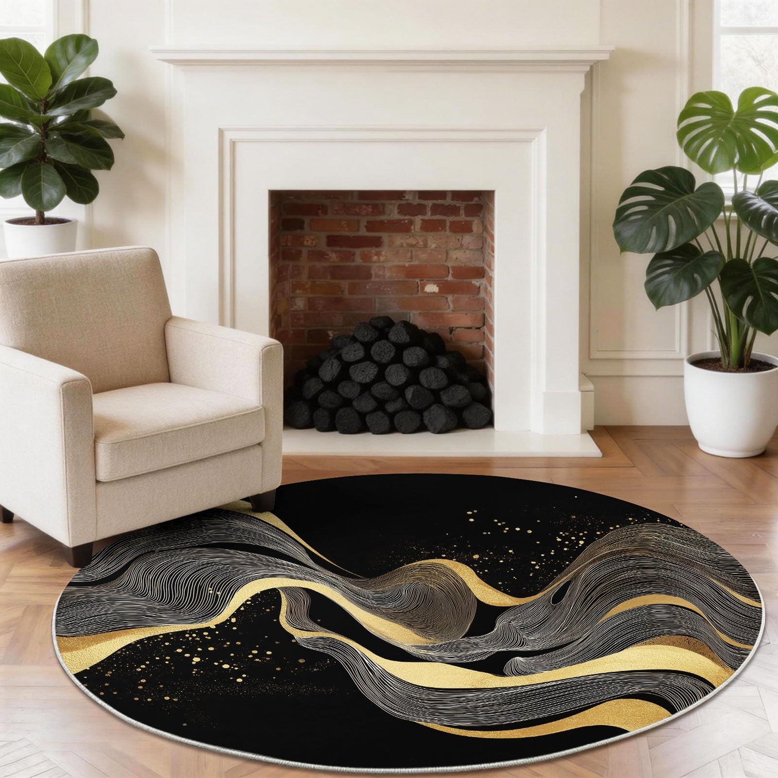 Nero 160 cm (Round) Tappeto Rotondo Salotto Stile giapponese increspature fantasia, Lavabile e Antiscivolo, Morbido Tappeto per Camera da Letto e Soggiorno, per la Protezione del Pavimento