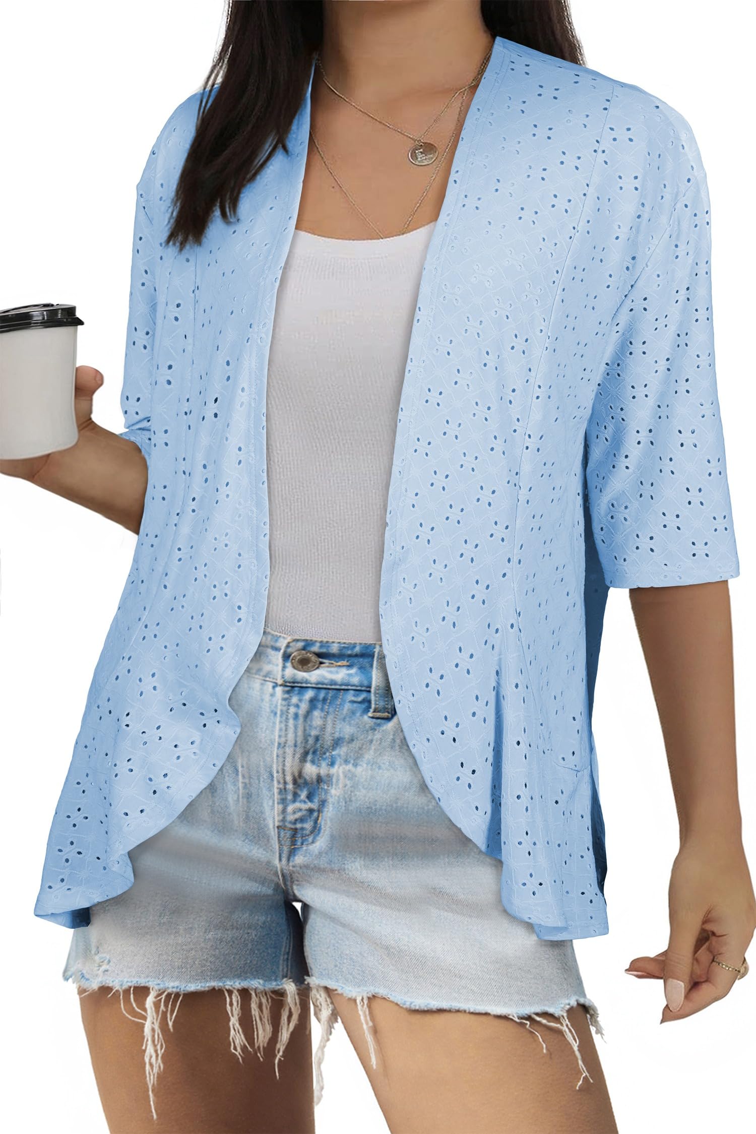 Eytino Plus Size Cardigan for Women Half Sleeve Netted Knit Ruffle Kimono Cover up Tops 2026 Spring Clothes