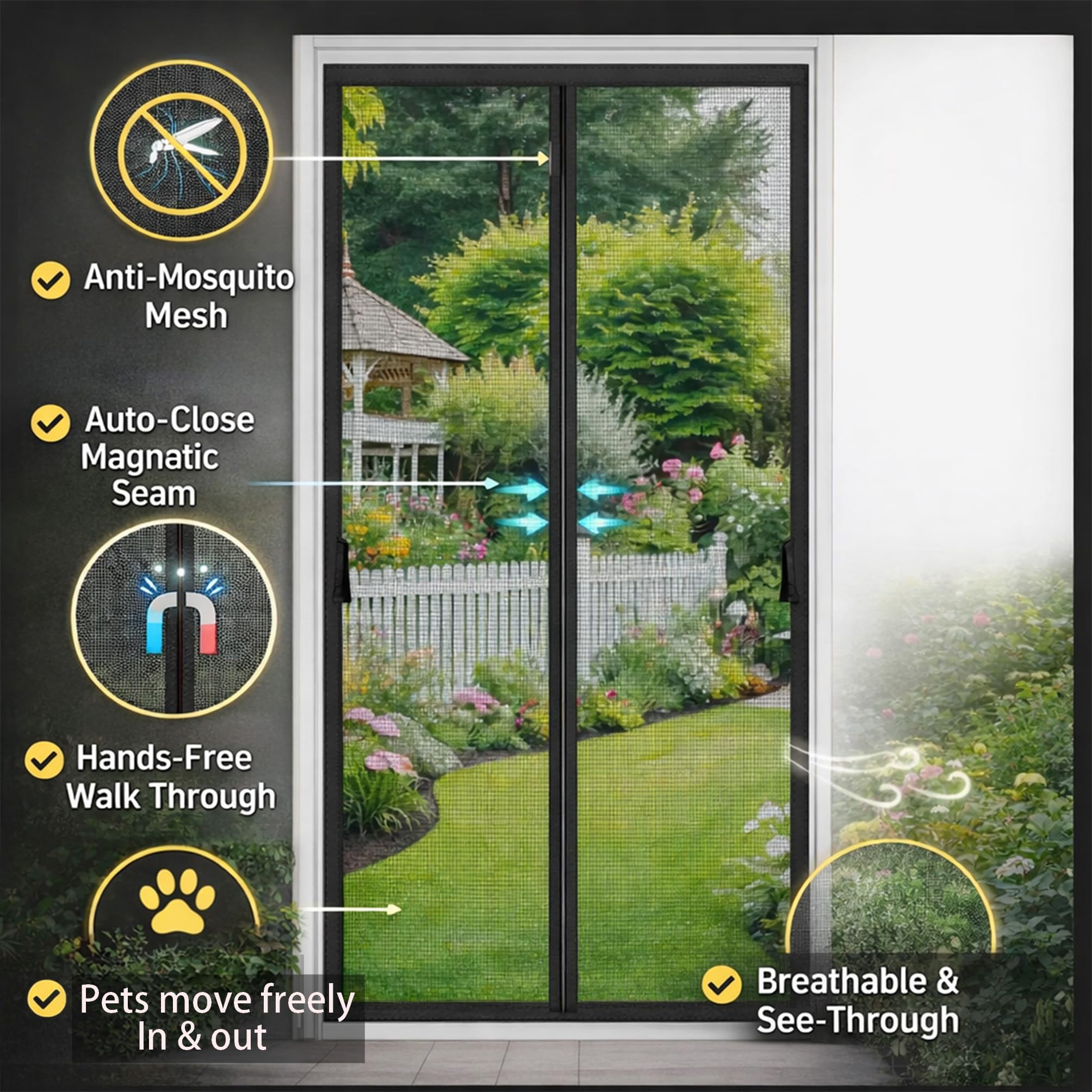 Cortina Mosquitera Negro 170×230cm Montaje Sin Herramientas Con Malla Transpirable para Entrada Principal Entrada Trasera y Puerta Lateral