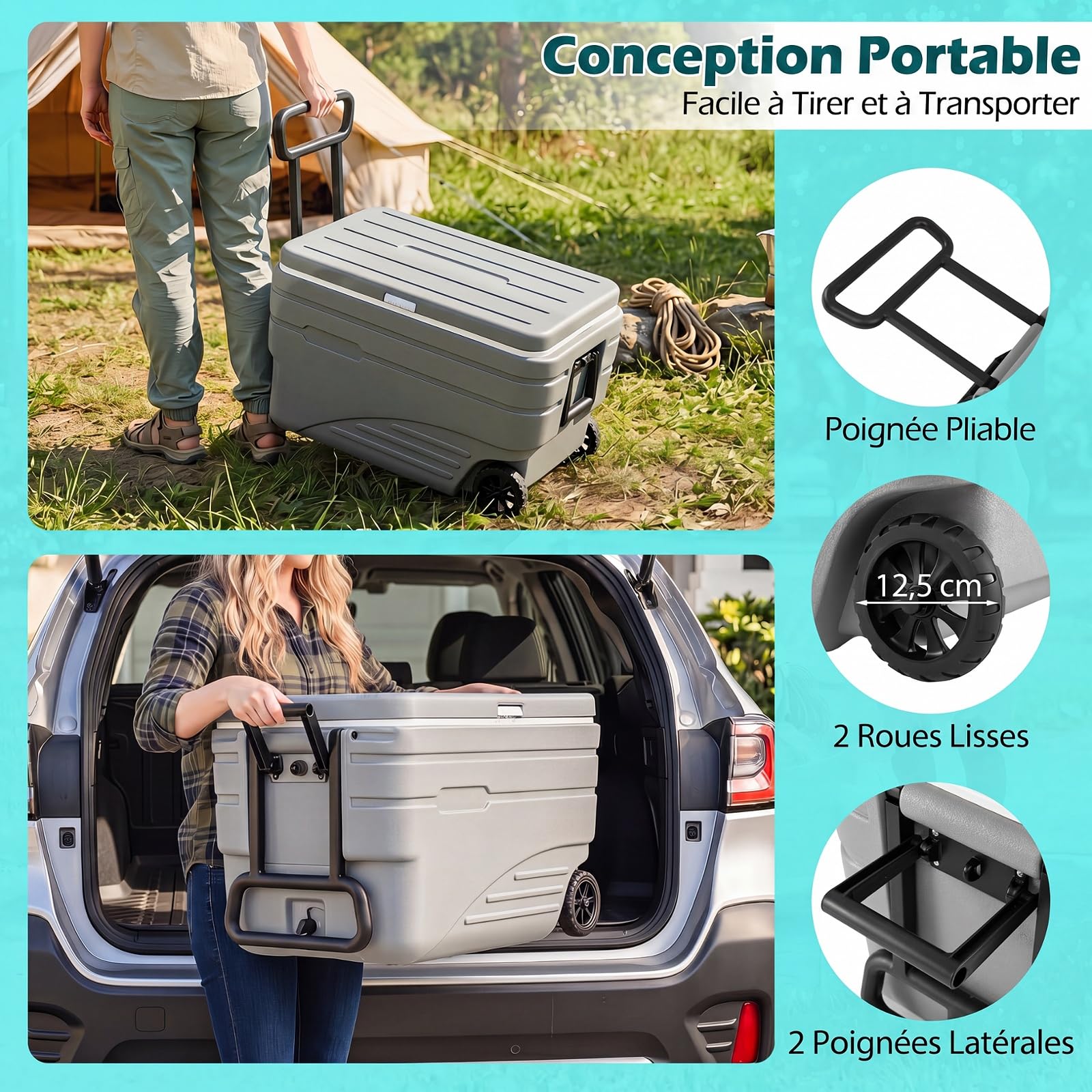 COSTWAY Glacière à roulettes Portable 50L/70L/80 L/98 L | Glacière Rigide Isotherme Rétention de Glace de 5 à 7 Jours avec Bouchon de Vidange Poignée pour Camping Voiture Pêche Plage