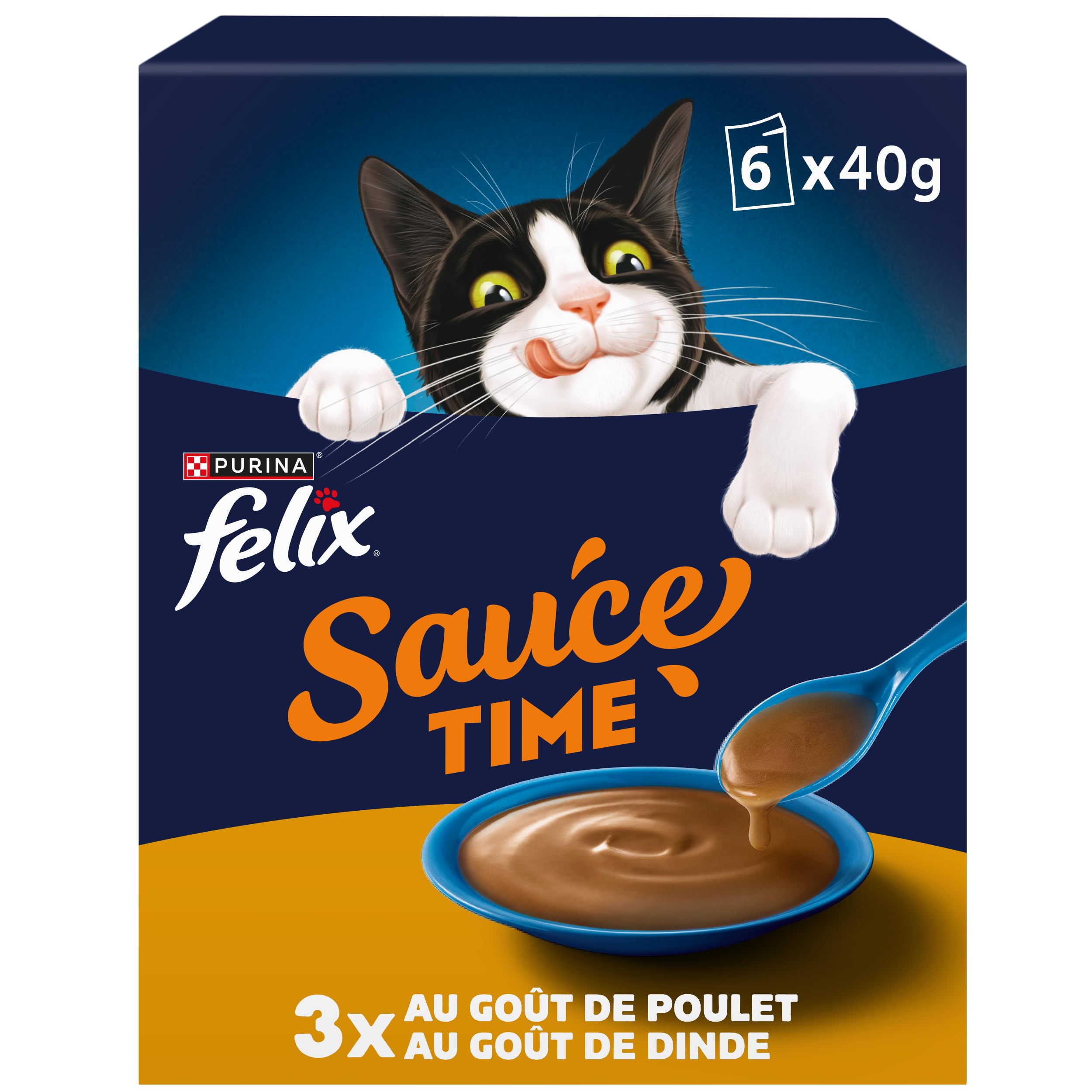 FELIX | Sos Time | Nieodparta karma w sosie dla dorosłych kotów | Wykonane z wysokiej jakości składników | Z kurczakiem, indykiem | saszetki świeżości | 6 x 40g