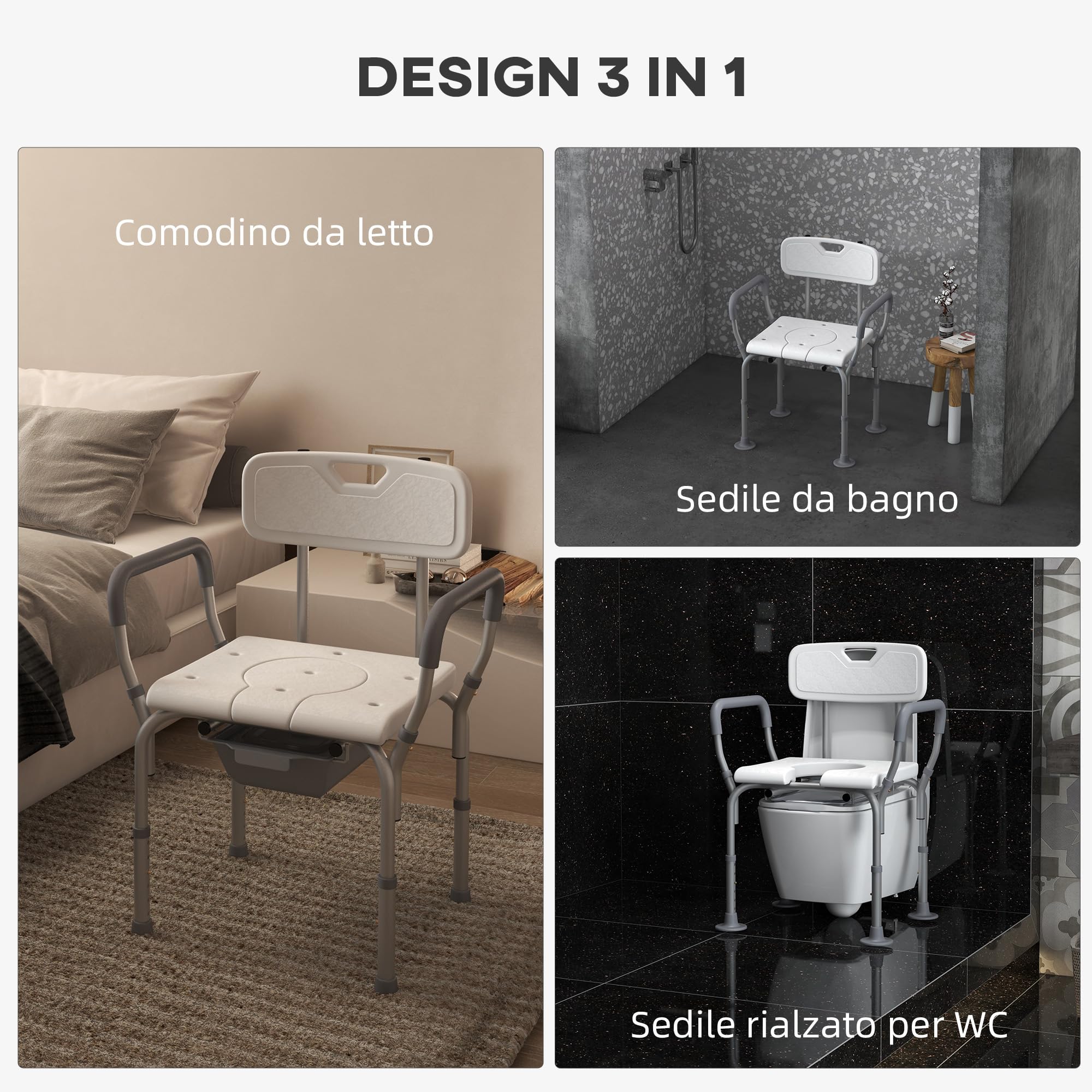 HOMCOM Sedia da Doccia 3 in 1 con Schienale e Braccioli, Sedia Comoda e Sedia WC con Altezza Regolabile e Piedini Antiscivolo, Bianco