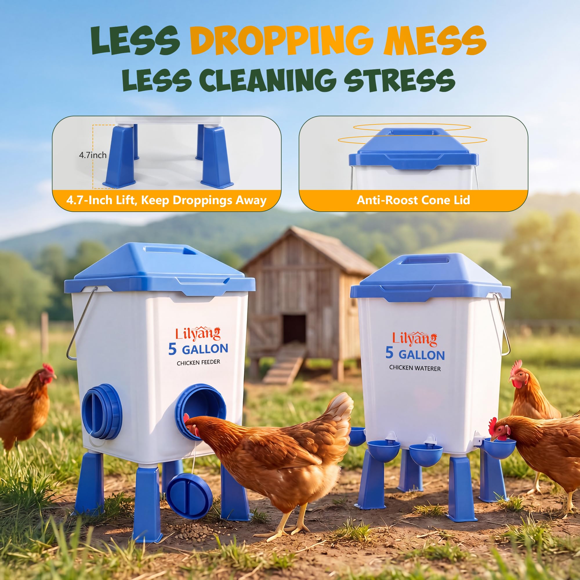 Lilyang Juego de comedero y bebedero grande de 5 galones, alimentador automático sin residuos, dispensador de agua elevado con patas, puertos antiderrames y tazas a prueba de fugas, alimenta pollos y