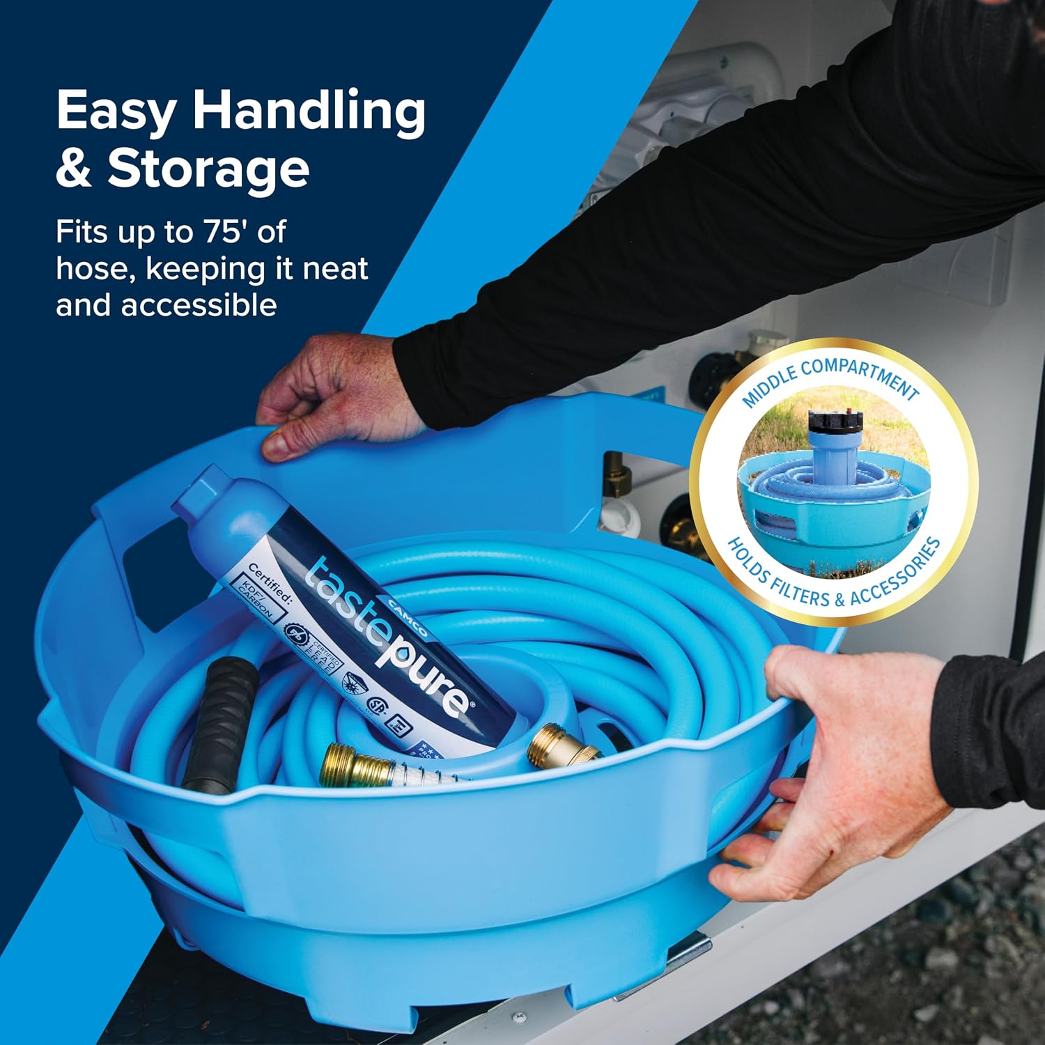 Camco Tastepure RV Freshwater Kit - Includes Tastepure RV Water Filter, Flexible Hose Protector, EvoFlex 25' Drinking Water Hose, Brass RV Water Pressure Regulator & Carrying Basket (20160)