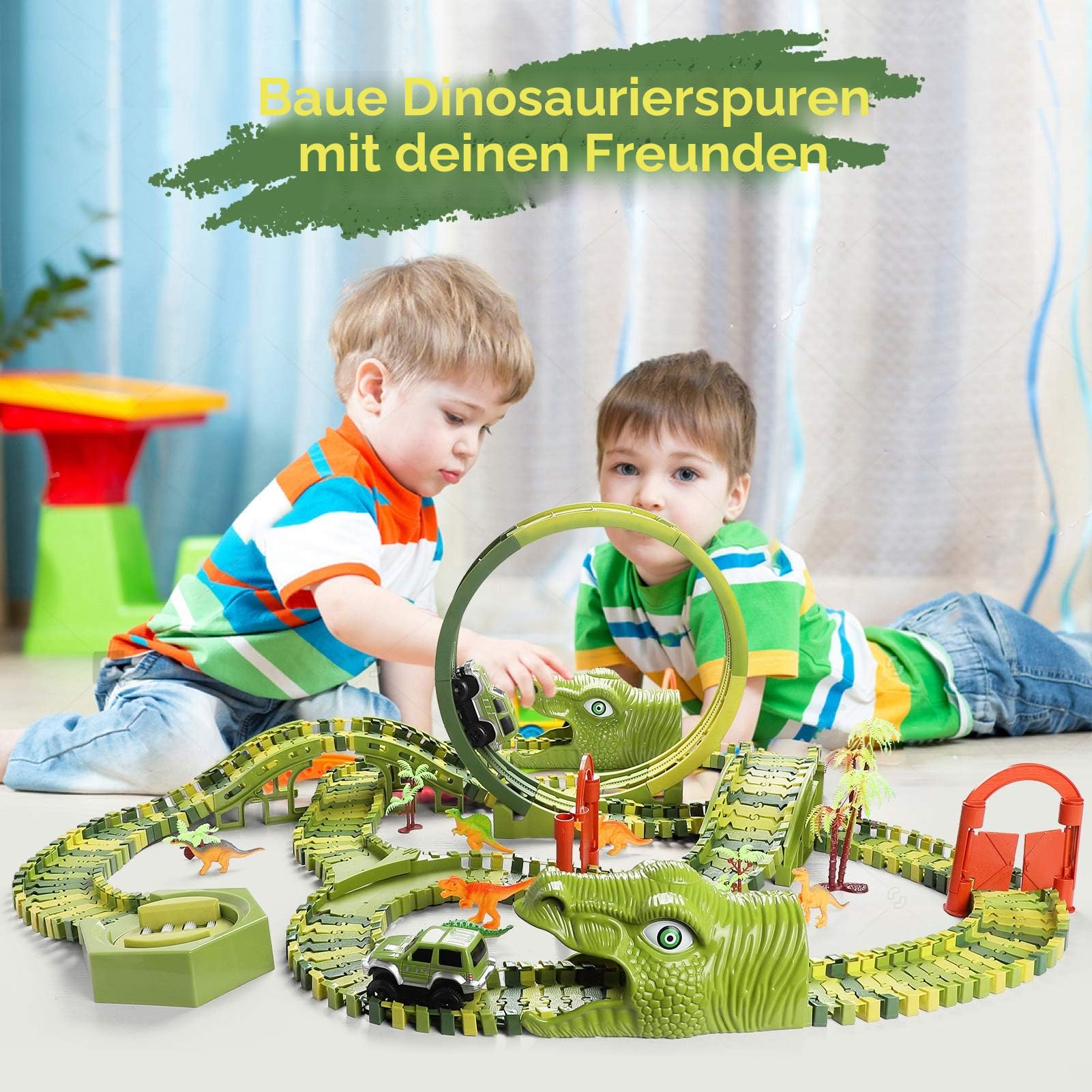 burgkidz Dinosaurier Rennstrecken Spielen Fahrzeuge Spielzeug Set, 387 Stück Flexible Dinos Bahngleise mit 360 Loop und Auto Turntable Spielset, 2 Rennwagen, Geschenk für Kinder ab 3 Jahren