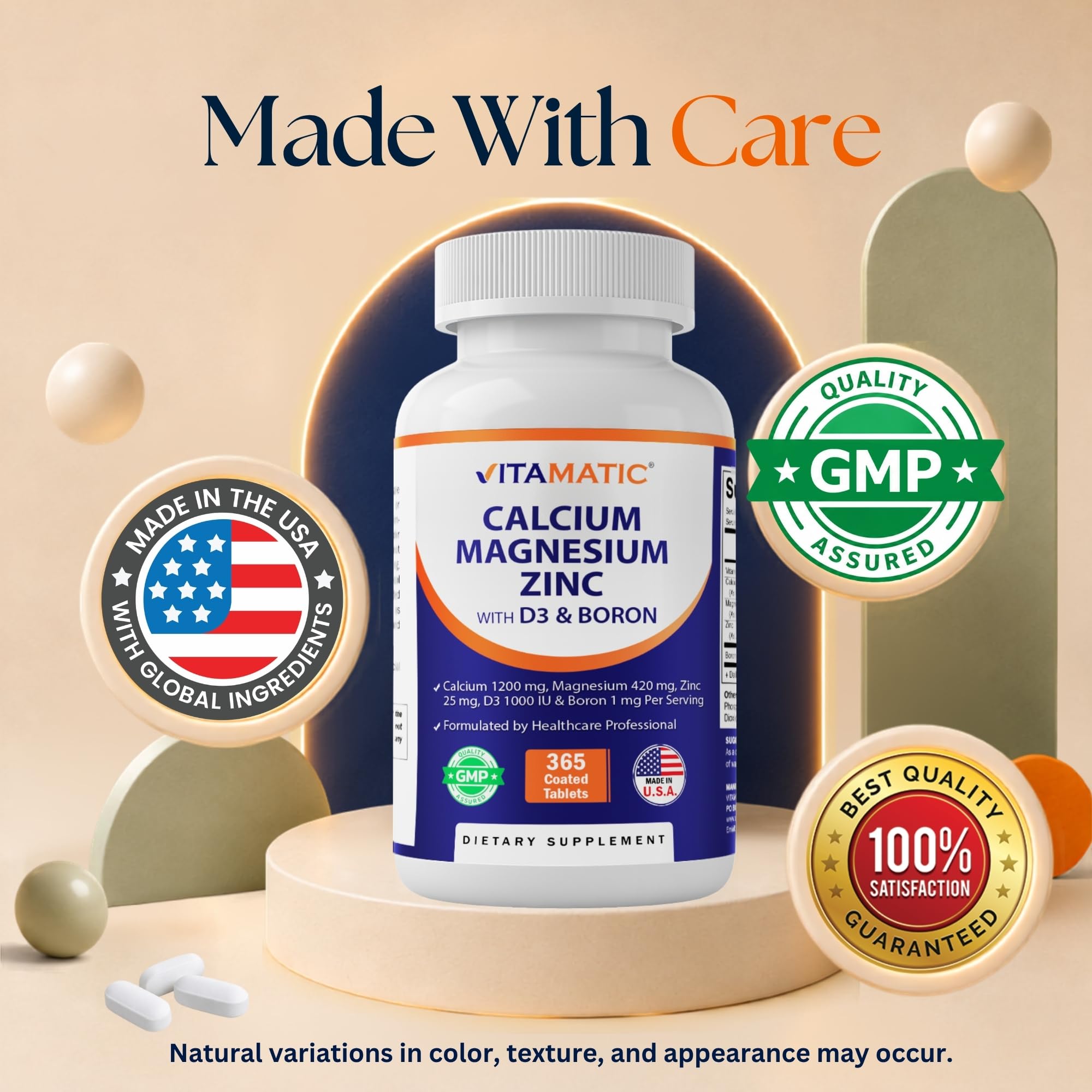 Vitamatic Calcium Magnesium Zinc D3 Boron | 365 Coated Tablets Supplement | Calcium 1200 mg, Magnesium 420mg, Zinc 25mg, Vitamin D3 1000 IU, Boron 1 mg | Non-GMO | Gluten Free | Made in USA — Amazon image 7