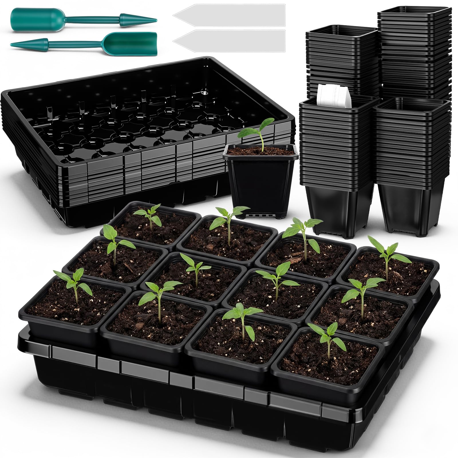 Nuenen 6 Set 9 cm Pflanztöpfe Set Saatgut-Starterschale verdickte quadratische Sämlingtöpfe stabile Mikrogrün-Anzuchtschalen wiederverwendbare Keimschale Pflanzwerkzeuge und Etiketten