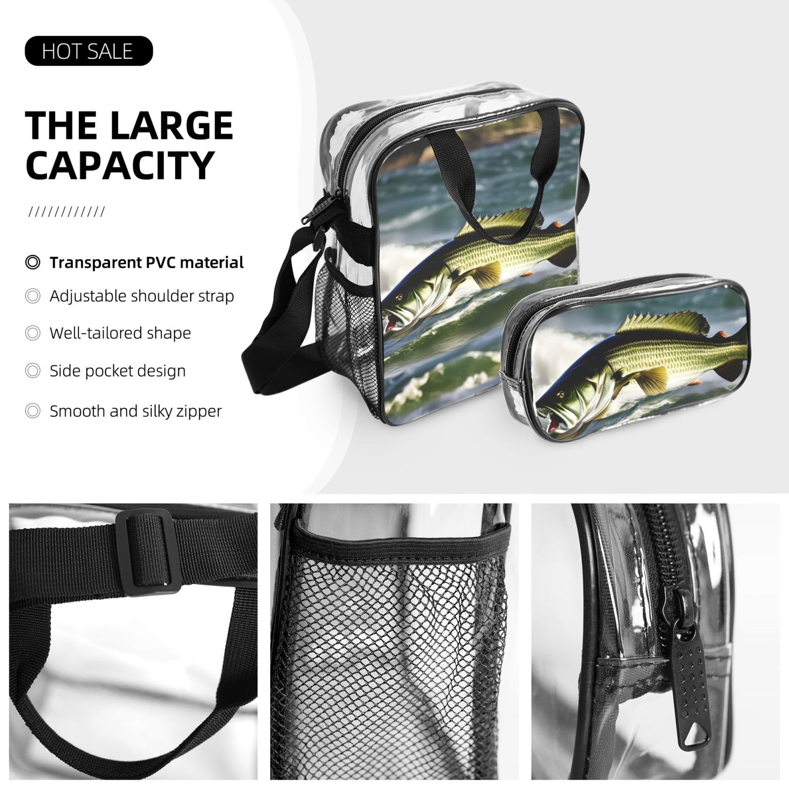 Transparenter Rucksack mit Barsch-Angel-Wellendruck, Unisex, 3-teilig, transparent, Lunch-Tasche, Stifteetui, Reisen, Outdoor