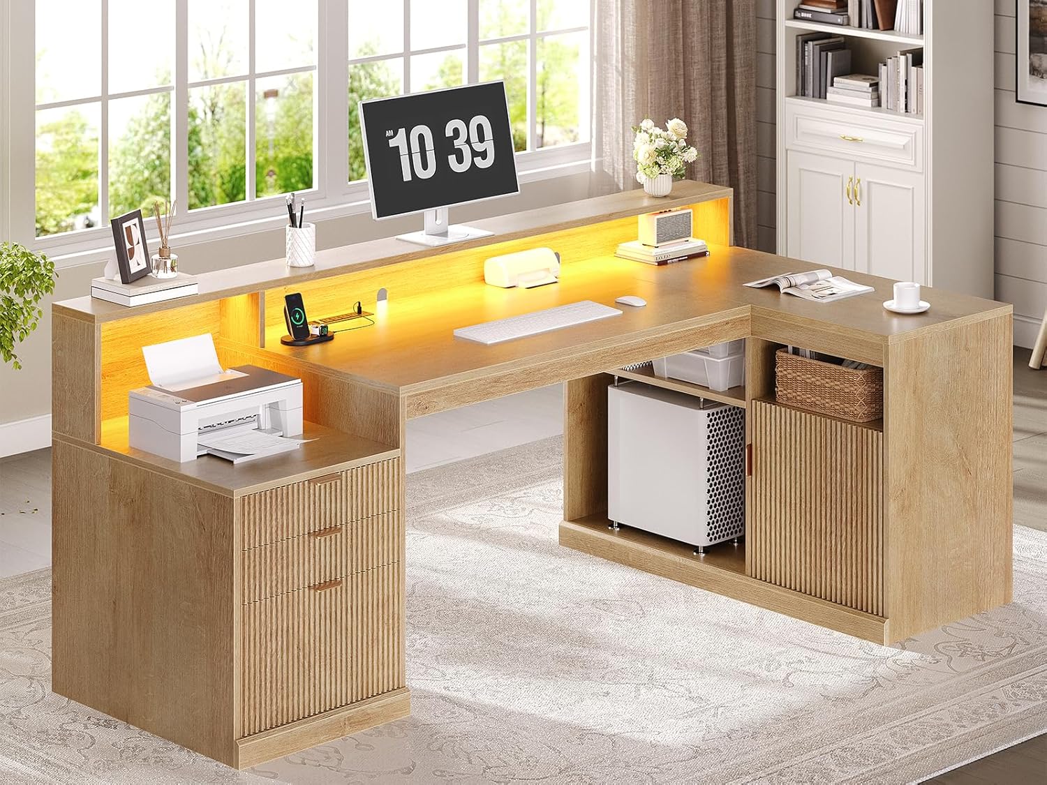 64" L Shaped Computer Desk with File Storage, Home Office Desk with LED Lights, Executive Desk with CPU & Printer Stand, Outlets for PC, Heightened Monitor Stand, Adjustable Shelf, Home Office