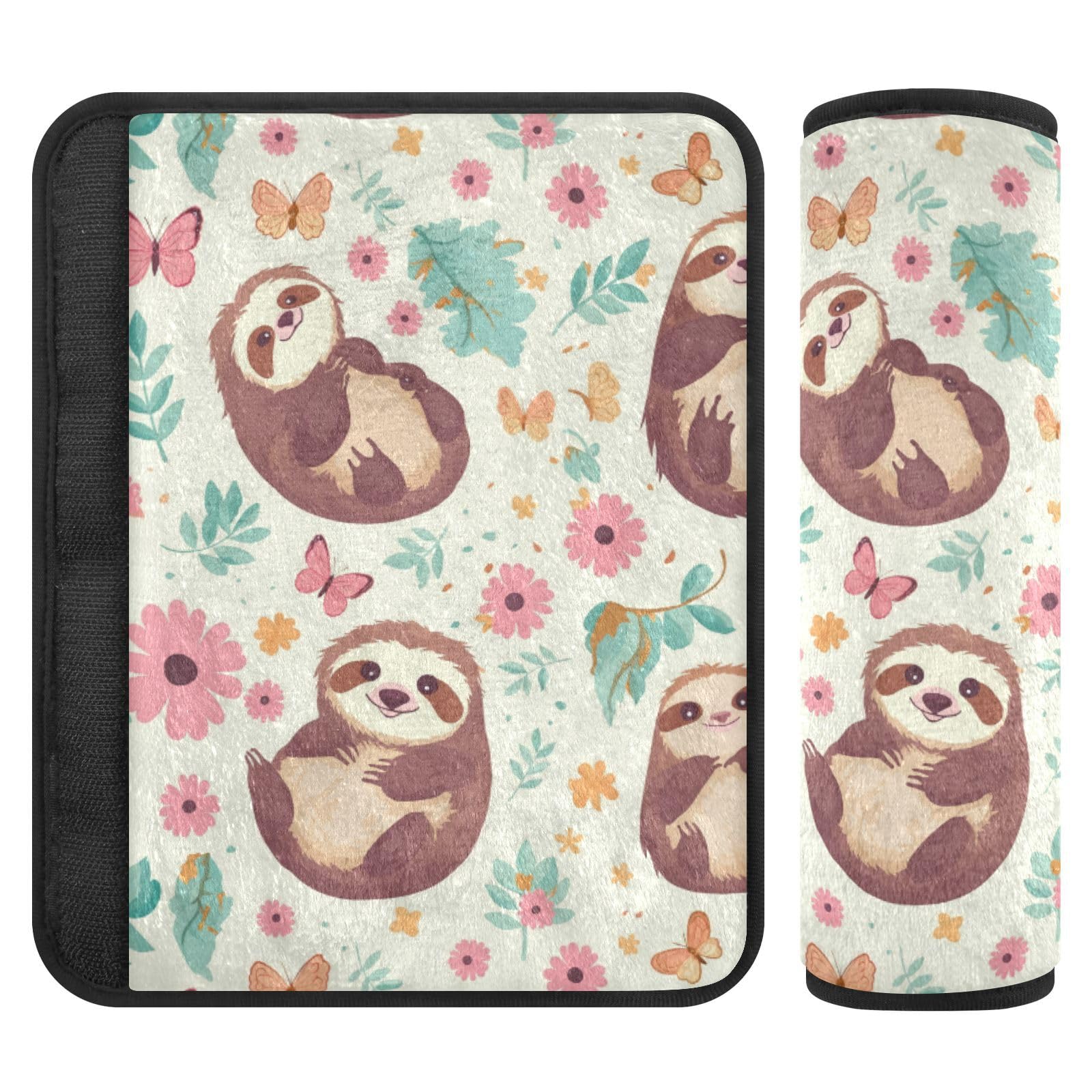 Seat Belt Covers 2 Pack Cute Sloth Car Seat Strap Covers Super Soft Butterflies Flowers Car Seat Neck Cover for Boys Girls Adults Babies S