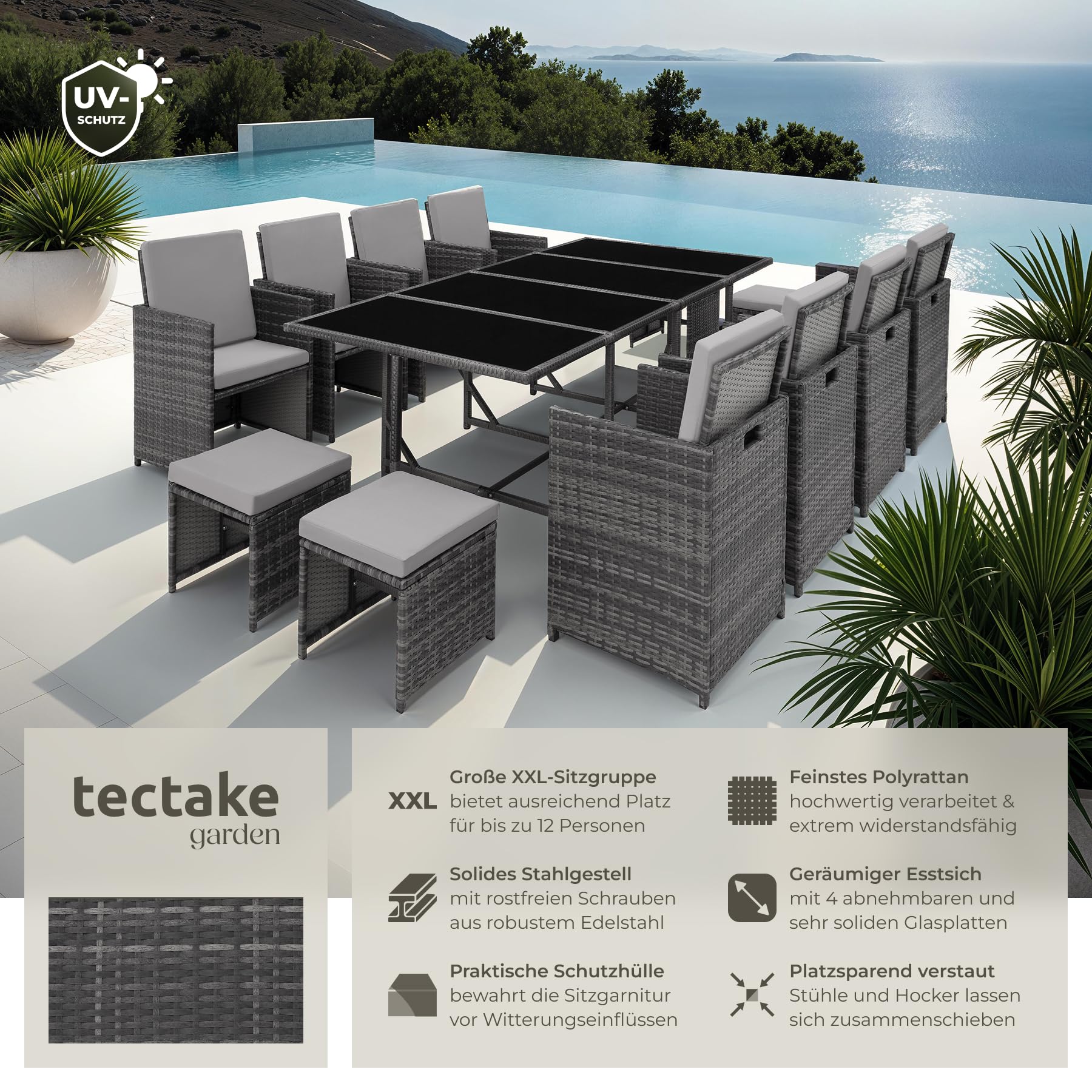 tectake Gartenlounge Set, Polyrattan Gartenmöbel Set, 8+4+1 Sitzgruppe, 8 Stühle 4 Hocker 1 Tisch, Balkon Möbel als Würfel verstaubar, für Garten, Balkon, Terrasse - grau/hellgrau