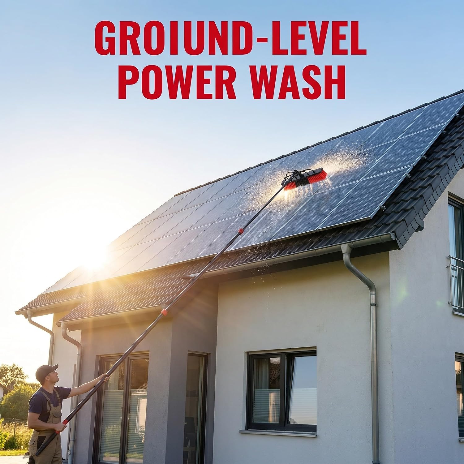 Solar Panel Brush Accessory with Water Flow Cleaning and Powerful Stain Removal for Glass Surfaces, Plastic and Steel Construction, for Rooftop Window Cleaning Jobs