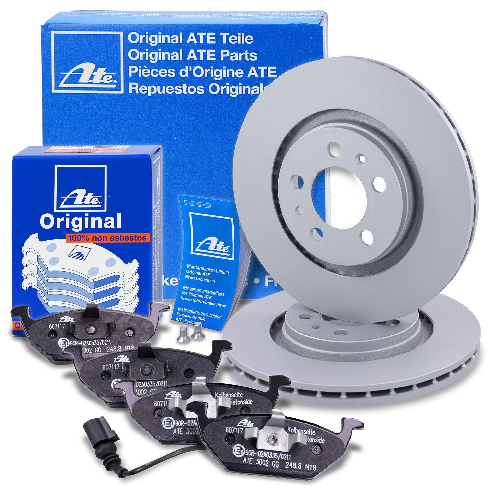 ATE Bremsenset Vorderachse inkl. Bremsscheiben vorne Ø 280 mm belüftet und Bremsbeläge vorne + Verschleißkontakt Kompatibel mit AUDI A3, SEAT LEON, TOLEDO 2, SKODA OCTAVIA, VW BORA, GOLF 4, NEW BEETLE