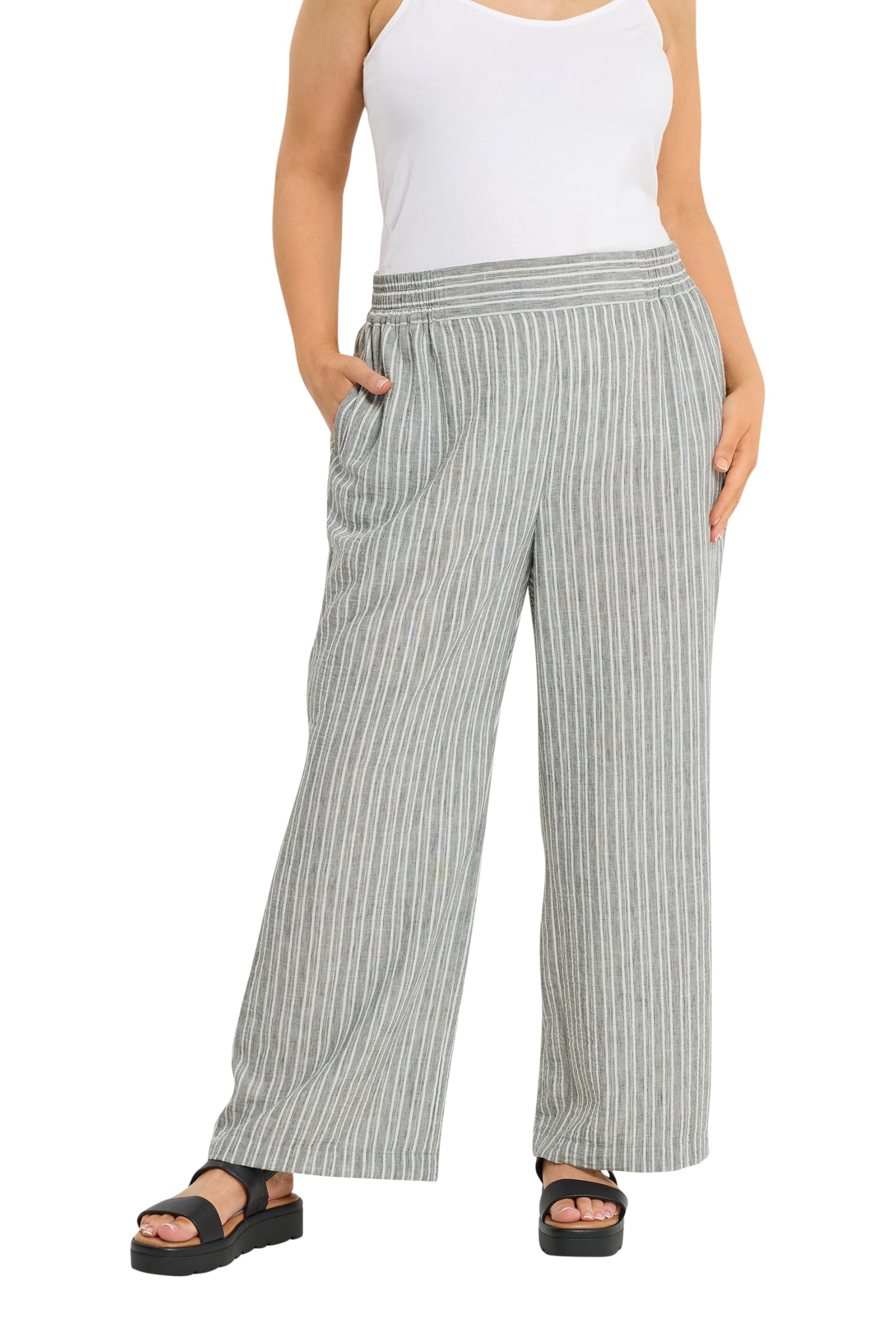 Yours Women's Grey Stripe Linen Look Trousers In | Size: 26/28R