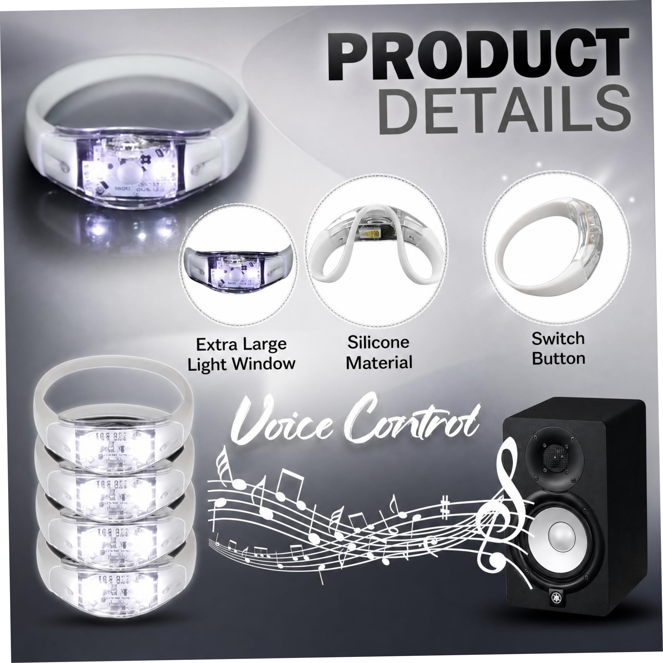 Braccialetti LED attivati ​​dal suono da 50 pezzi Braccialetti luminosi bianchi trasparenti