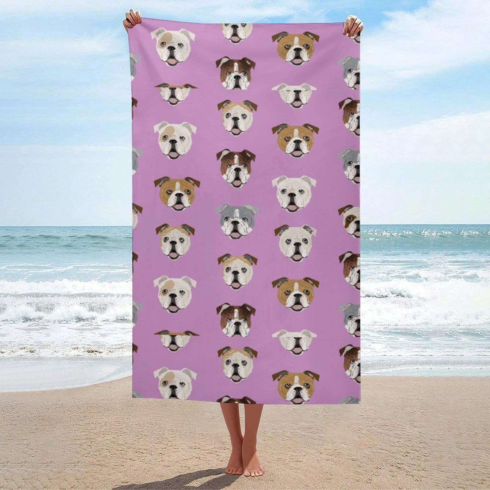 LEDFCVSU Beach Towel, Funny English Bulldog Bath Towel, Absorbent Towel for Swimming, Sports, Travel
