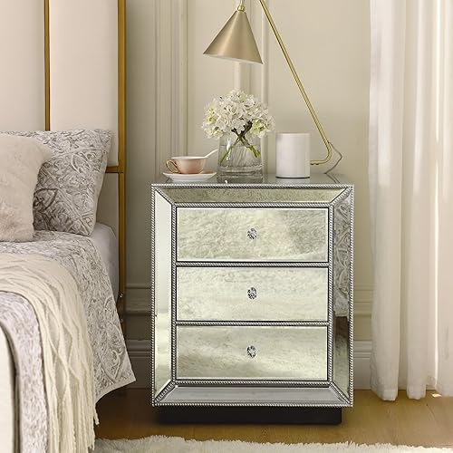 Miniatura 99 de SSLine Mesa auxiliar cuadrada con espejo con luces LED, mesita de noche con espejo, mesa auxiliar de espejo con acabado plateado para dormitorio,