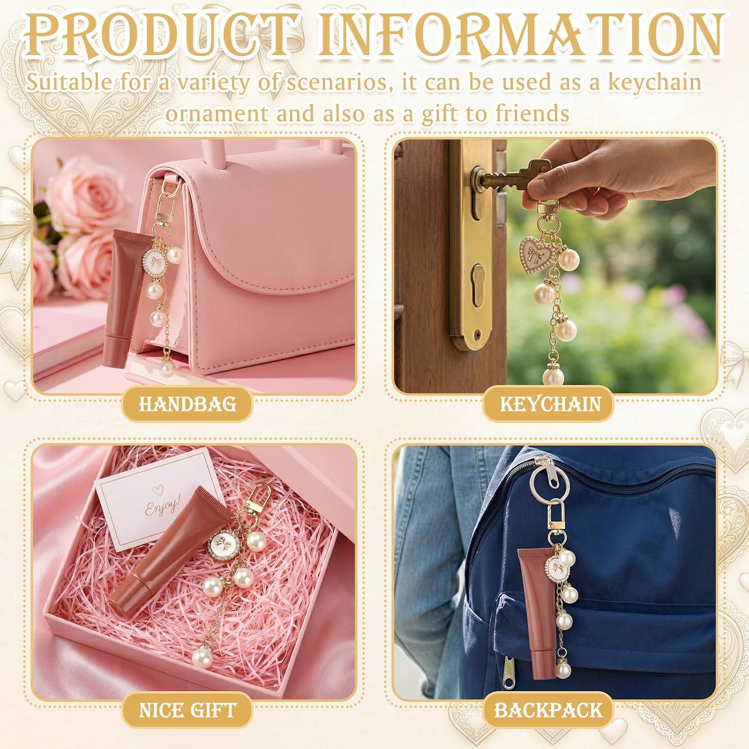 VioraWhite 8 Pcs Lip Gloss Keychain Holder with Charms Lip Balm Keychain Kit Exquisite Charm Jewelry Gift for Key Purse Decor image 5