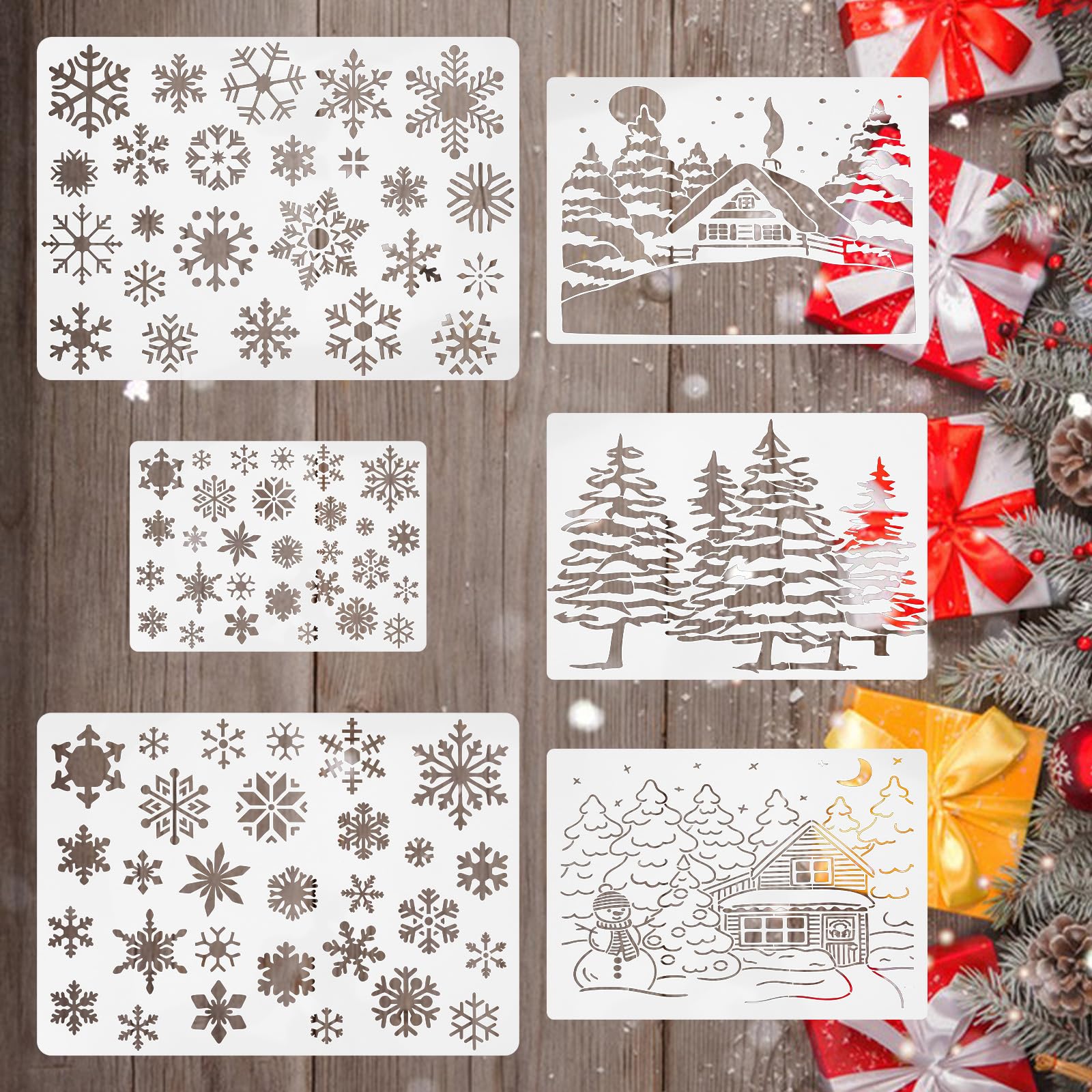 6 PCS Christmas Snowflake Stencil for Crafts, DIY Snow Flake Stencil Winter Xmas Snowflake Template Snowman Christmas Tree Stencils for Painting on