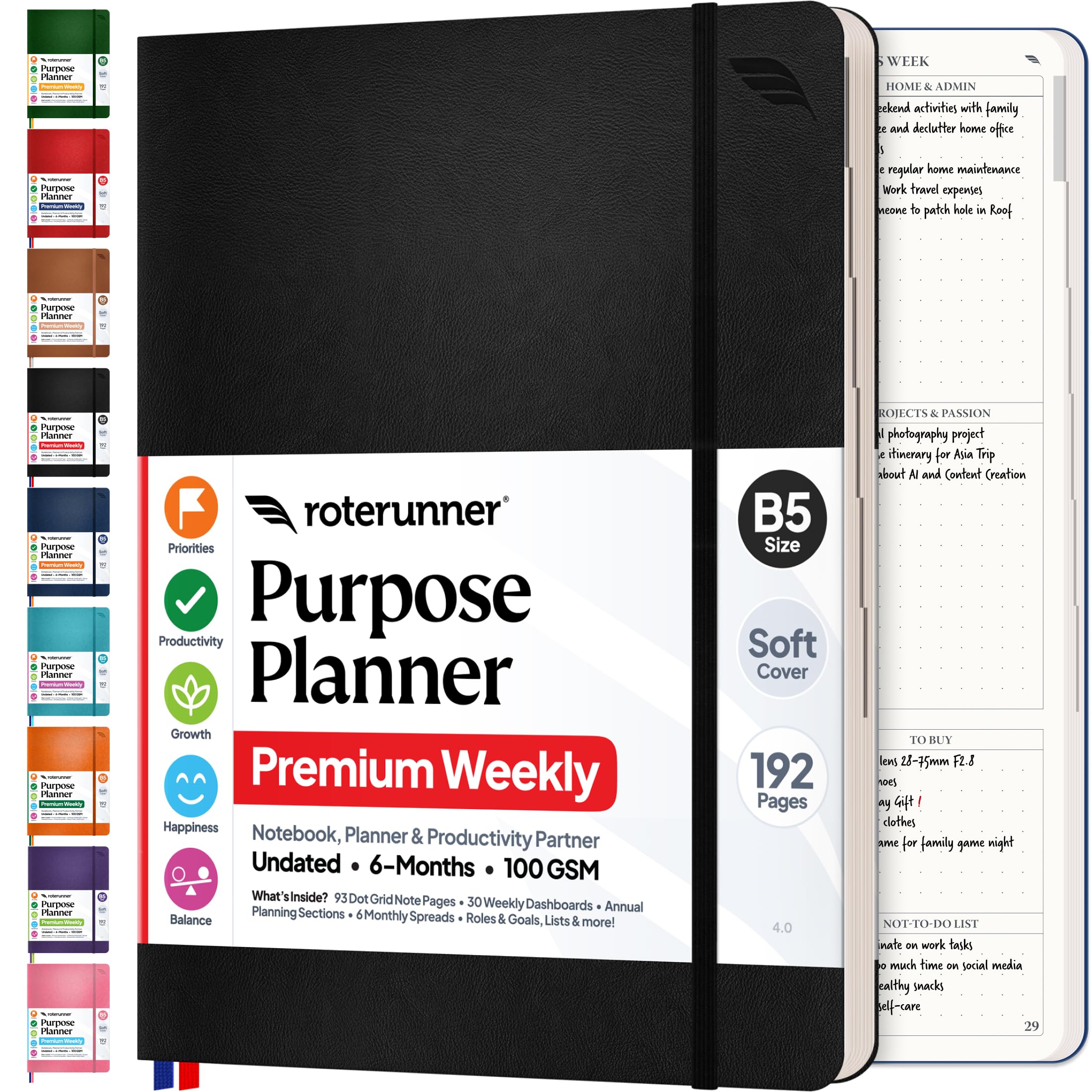 Purpose Planner B5 Undated Monthly Weekly Daily Productivity Journal 2024 Life Health Goal Setting Business Tool for Professionals Moms Academic Student Organizer Notebook (7.5”x9.8” Black Softcover)