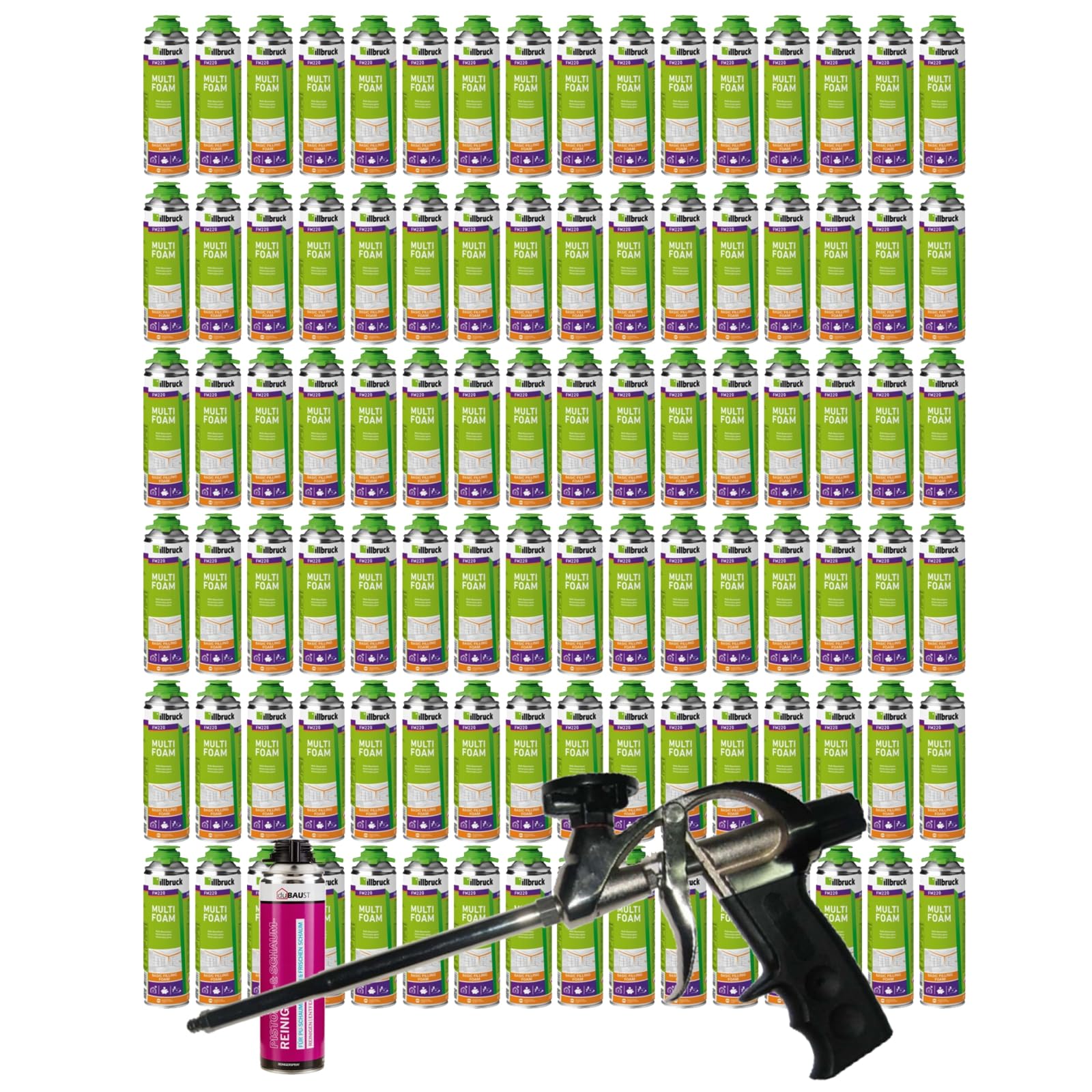 FM220 Bauschaum Montageschaum Pistolenschaum Multischaum Fensterschaum hohe Schalldämmung Wärmedämmung 500ml Kombisets (mit Reiniger AA290 + Schaumpistole Profi Teflon, 96x 500ml)