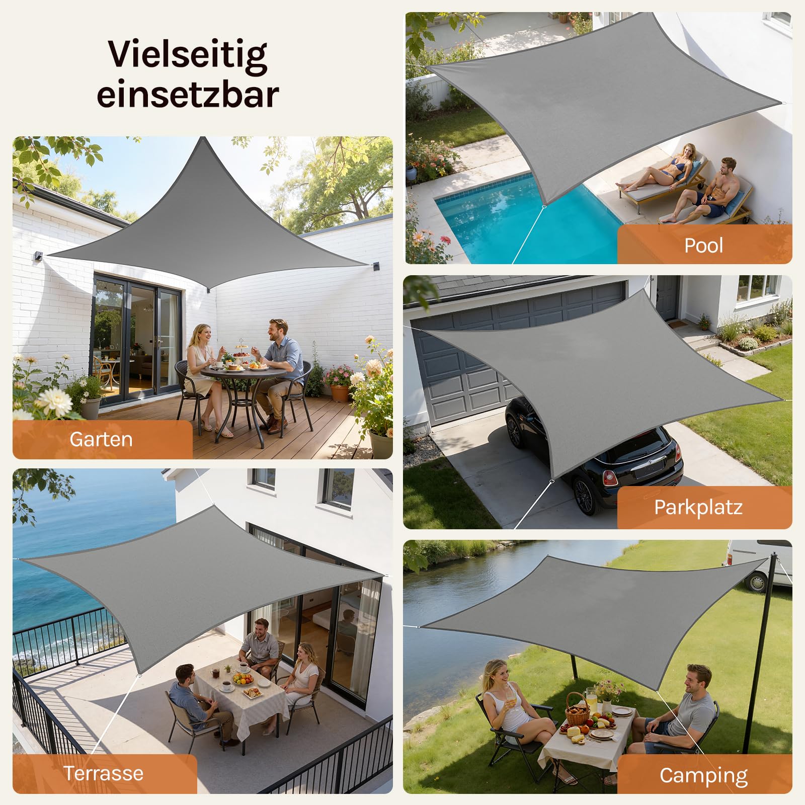 WOLTU Sonnensegel Quadrat 2x2m Grau wasserabweisend Sonnenschutz Polyester Windschutz mit UV Schutz für Garten Terrasse Camping