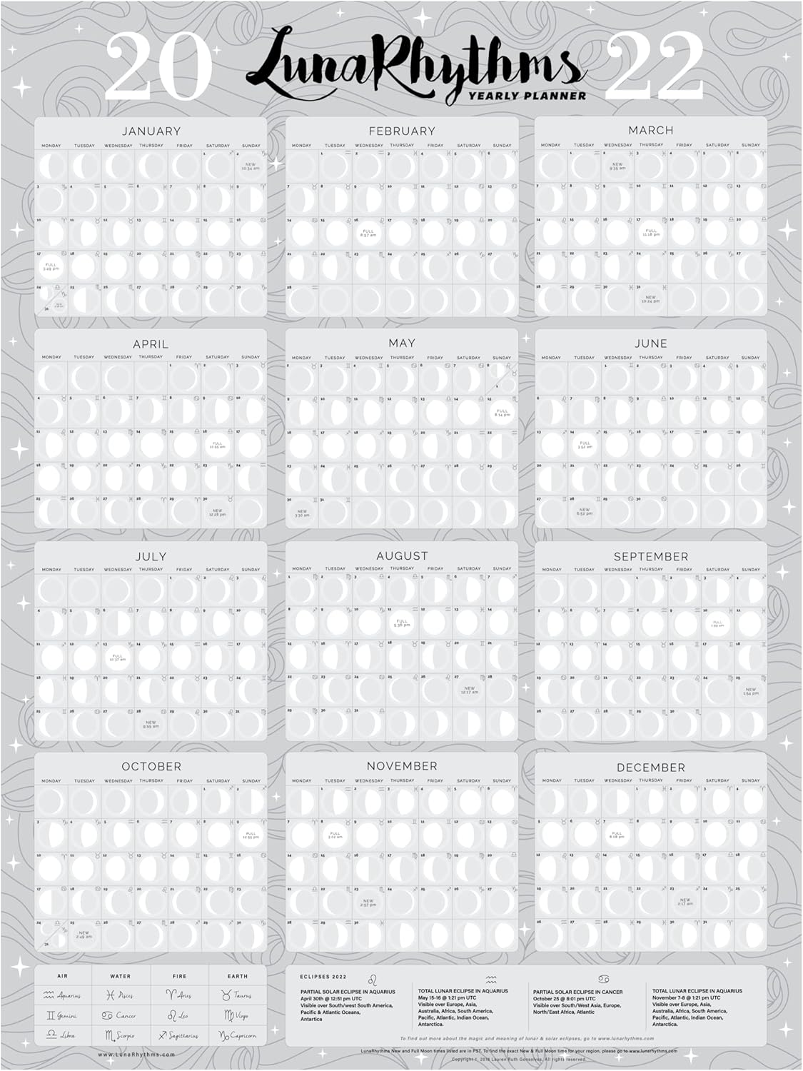LunaRhythms Wall Calendar-2022 Lunar Calendar Organizer with Moon Phases, Calendar 2022 for Cute Wall Décor-(18x24" UTC)