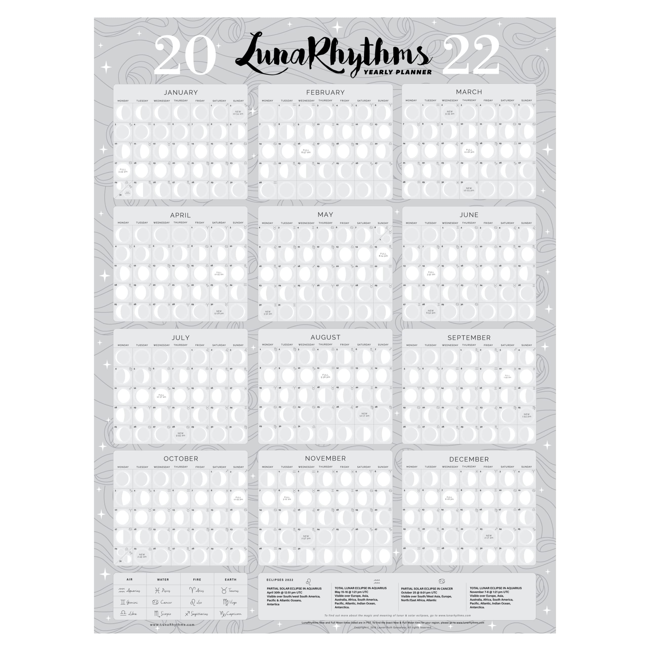 Amazon.com: LunaRhythms Wall Calendar-2022 Lunar Calendar Organizer with  Moon Phases, Calendar 2022 for Cute Wall Décor-(18x24" UTC) : LunaRhythms:  Office Products
