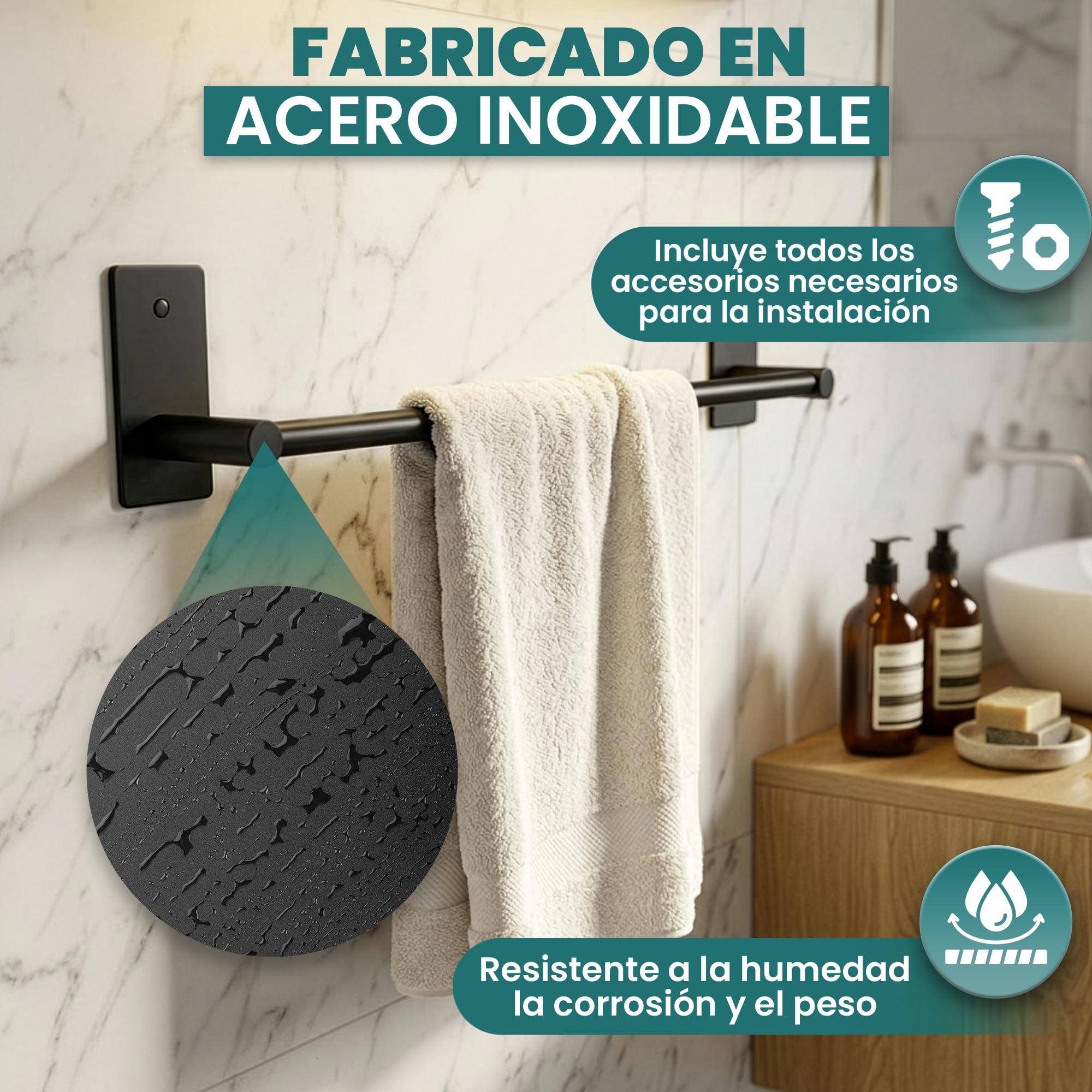 ️Accesorios Baño Sin Taladro Set 9 Piezas Negro, Toallero y Portarrollos con Adhesivo o Tornillos, Ganchos de Pared