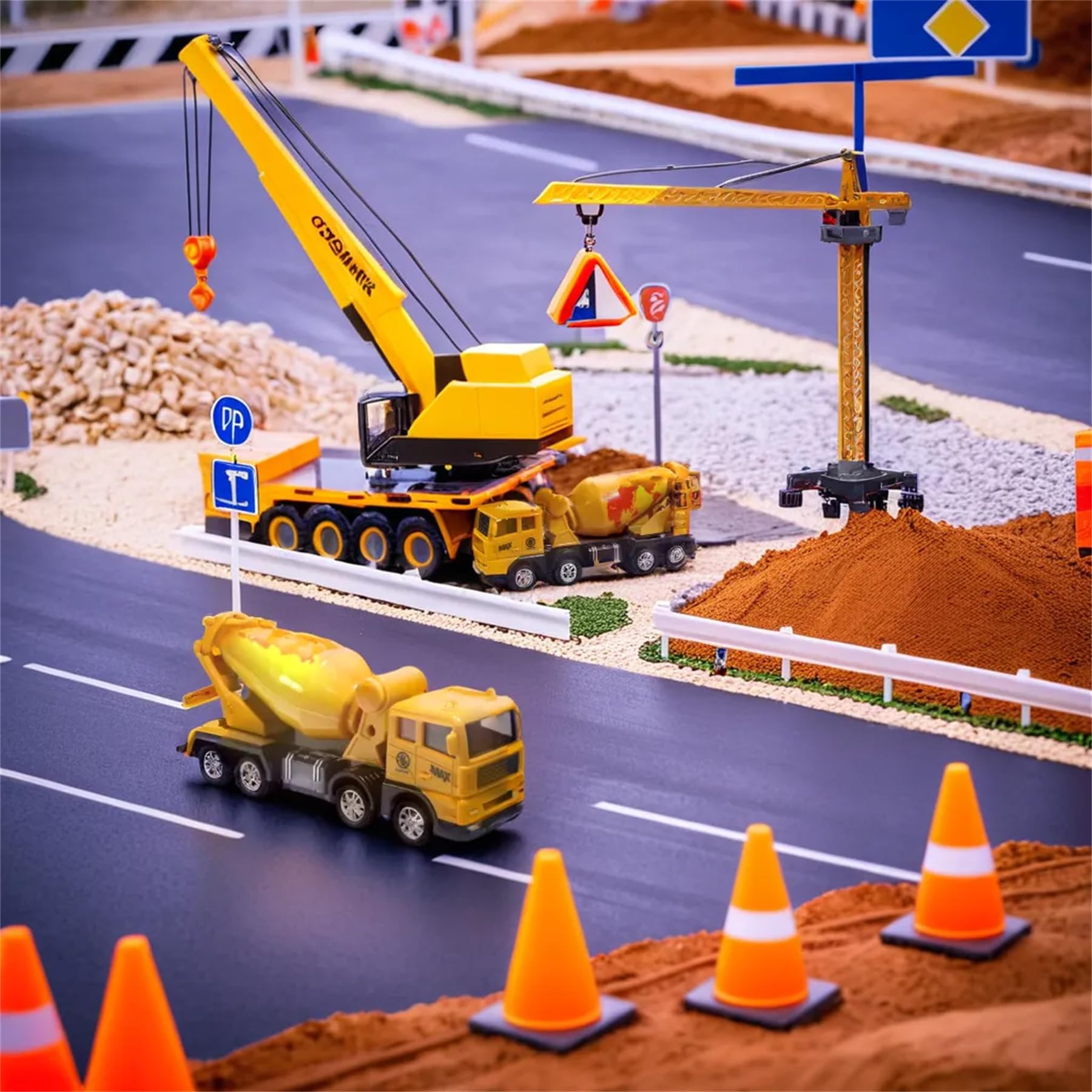Vehículo de construcción AptoFun serie grúa (37 * 41,5cm) + presione y vaya. Camión hormigonera (16,4 * 7,6 * 4,8cm) con 2* trabajadores con herramientas y varias señales de tráfico a partir de 2 años