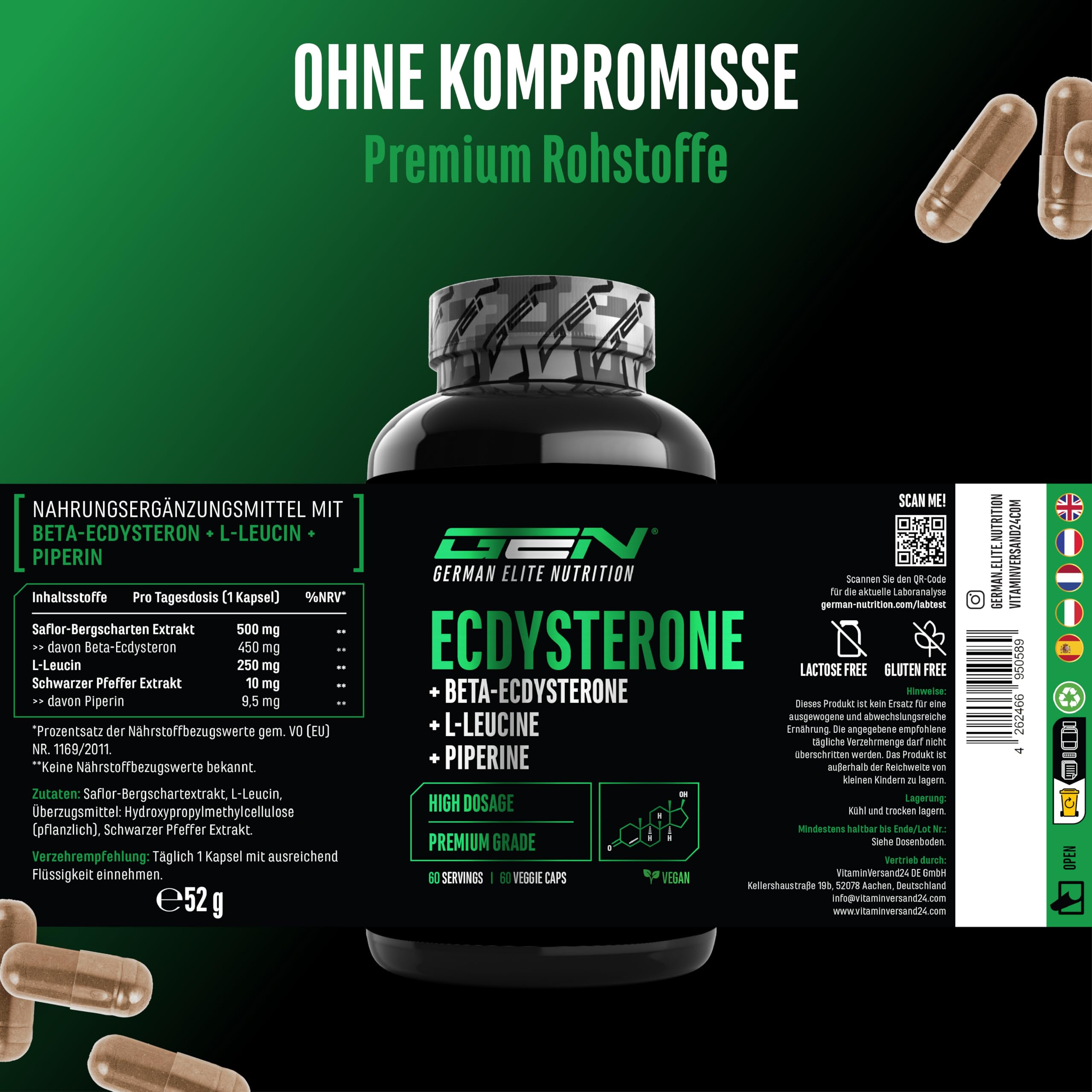 Ecdysteron Komplex - 760 mg pro Kapsel – Mit 90% Beta-Ecdysteron, L-Leucin & Piperin – Hochdosiert & in Premiumqualität - 60 vegane Kapseln