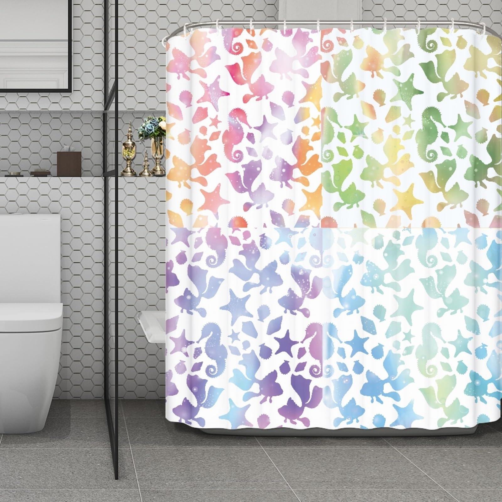 Rideau de douche 180x220 en tissu polyester lavable orange vert violet bleu