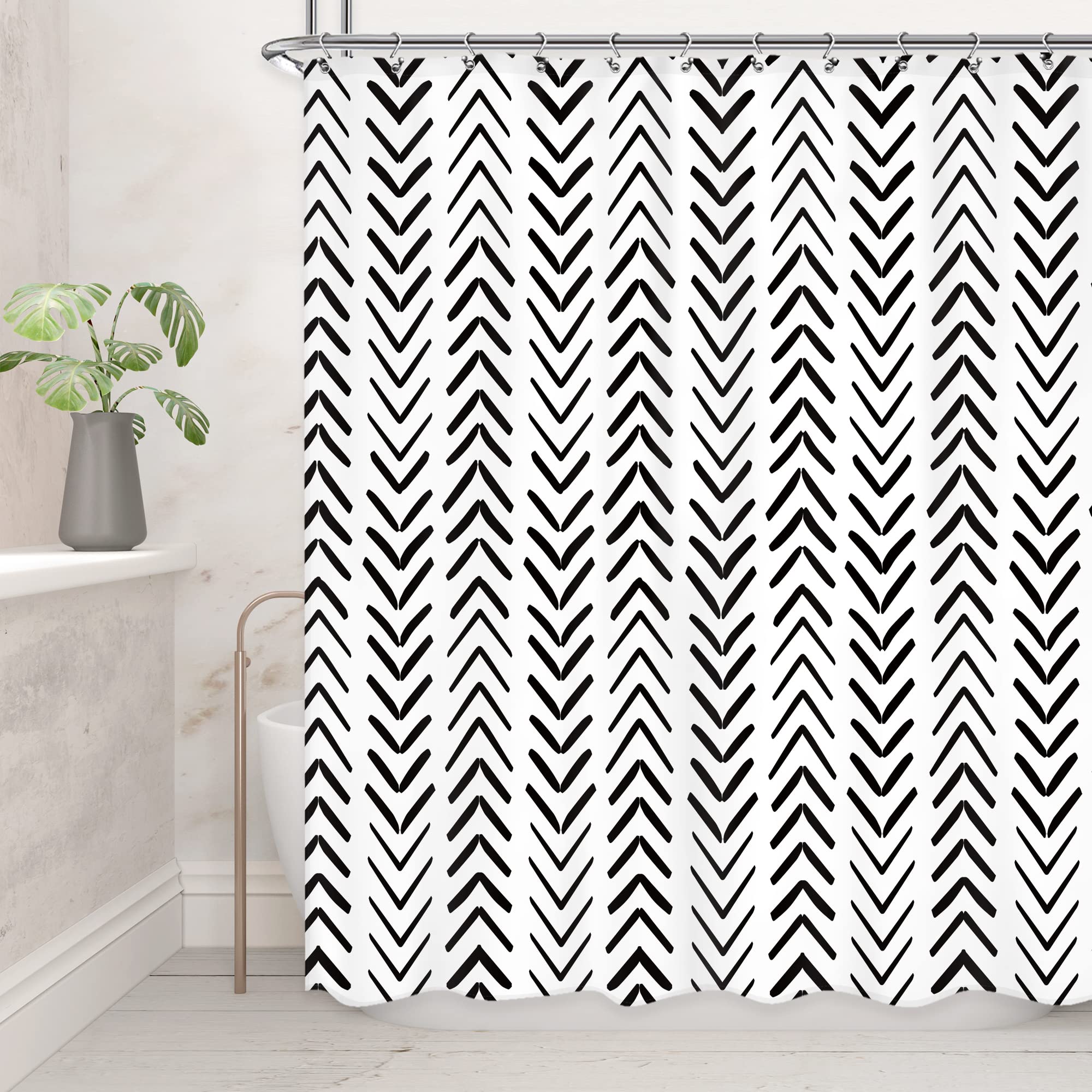 Riyidecor Boho Bohemian Black White Shower Curtain 60x72 Inch Modern Chevron Herringbone Funky Simple Modern Classy Neutral Contemporary Geometric Geometry Polyester Fabric Bathroom Waterproof