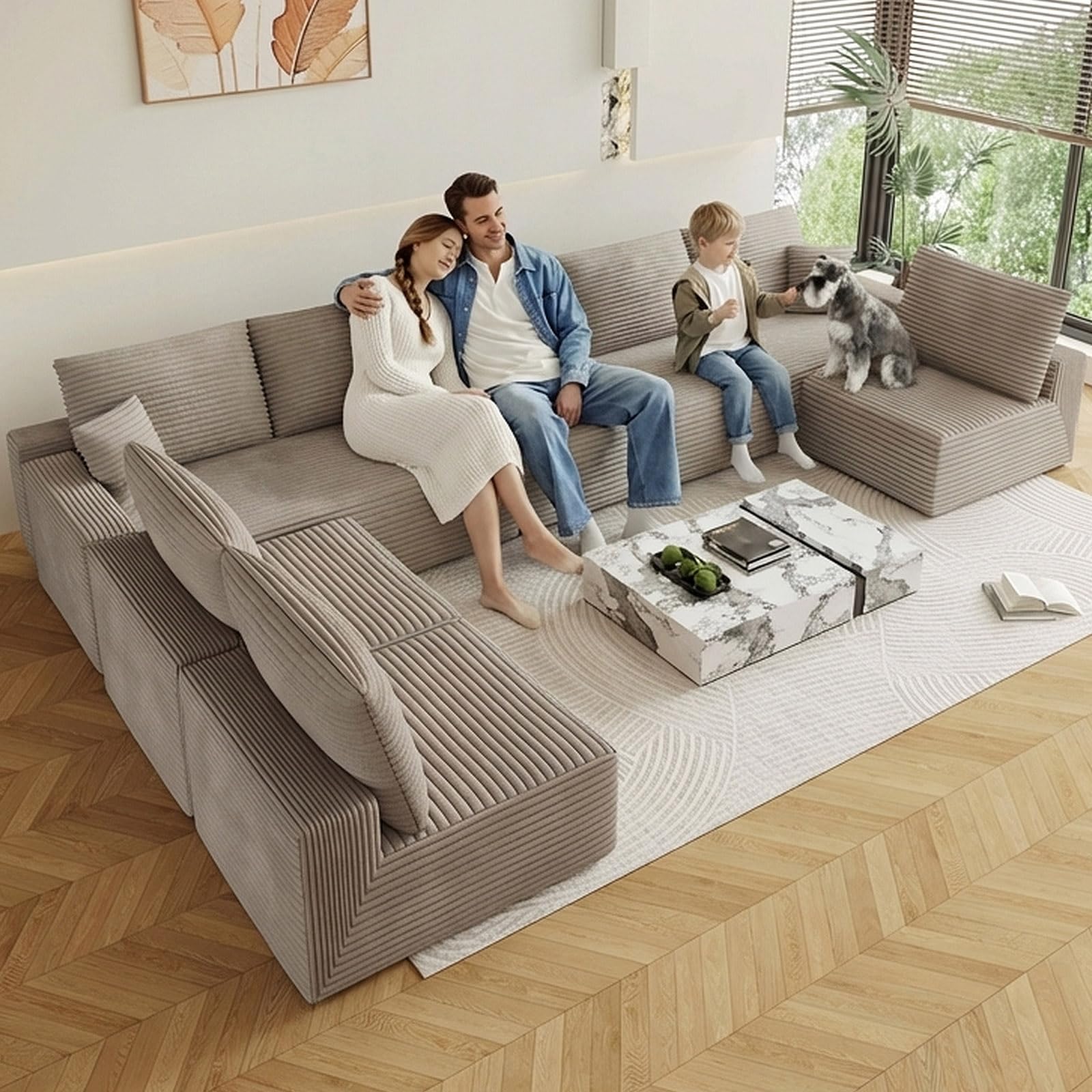 Oversized Modular Sectional Sofa Couch, Large 8 Seater Corner Sofa Modern U Shaped Sectional Couch Cloud Couches for Living Room, Office, Spacious Space, Corduroy, No Assembly Required, Camel