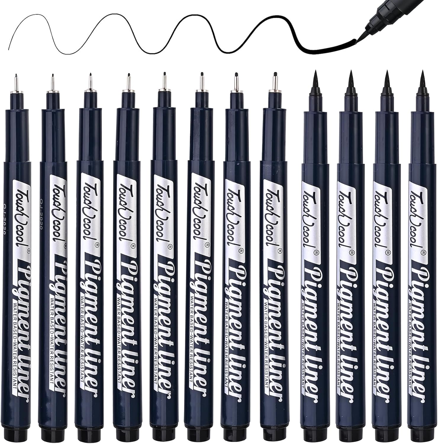 Foneso 9 fineliner pennen, waterdichte pigmentliner set (8 lijnbreedtes en 1 penseel) voor schetsen, illustratie van kunstenaars, technische tekeningen, kantoordocumenten - zwart