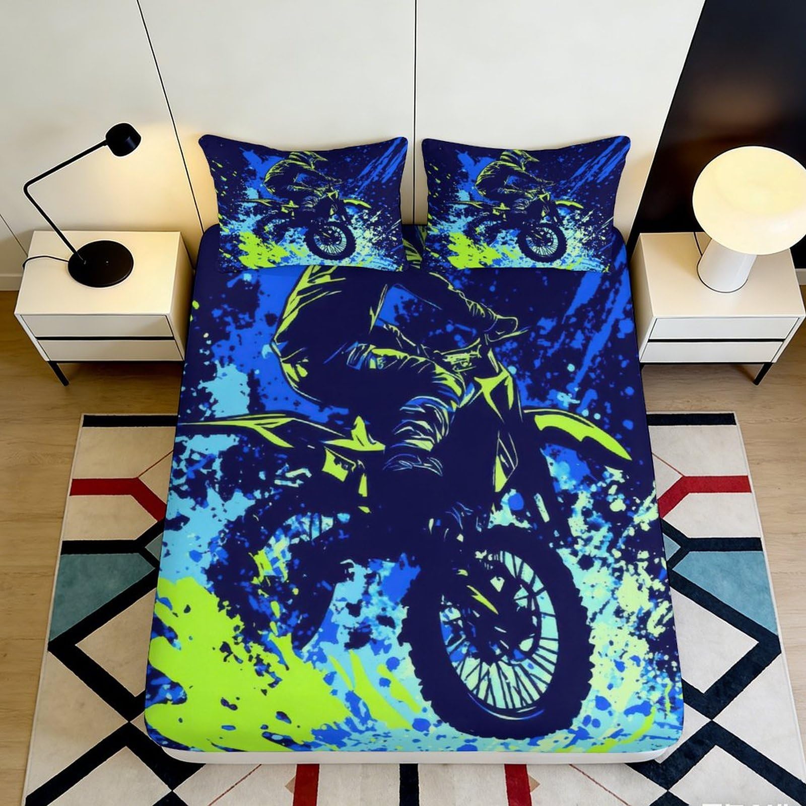Pnayamiorkfel Style-9 3D Printed Motocross Blue Yellow Fitted Sheet Microfiber Soft Non Slip Extreme Bike Bed Cover Bedroom Decor 90X200x25cm