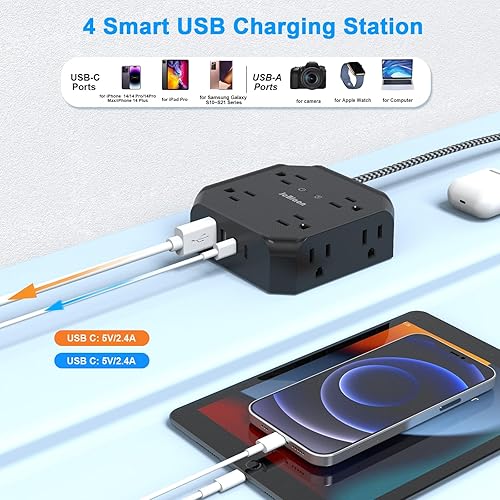 Miniatura 3 de Protector de sobretensiones - Cable de extensión de enchufe plano de 15 pies con 8 tomas amplias y 4 puertos USB (2 USB C), extensor de salida