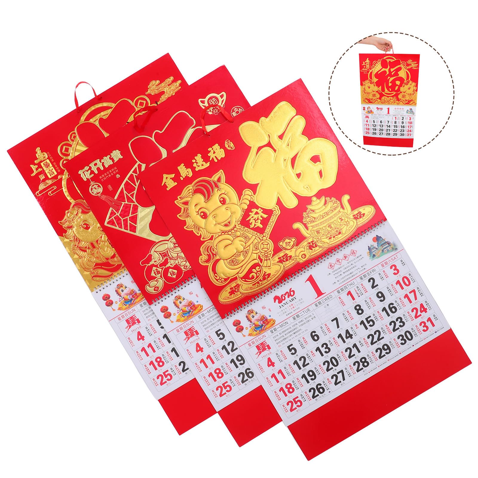 Amosfun 3 Pezzi Calendario da Parete 2026 da Appendere in Carta Tema Anno del Cavallo, Resistente e Date Chiaramente Segnate per Casa e Ufficio