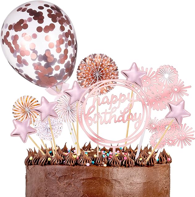 Heyu-Lotus 13 Pcs Rose Gold Birthday Cake Decoration, Happy Birthday Cake Topper Set, Paper Fans Confetti Balloon Stars Acrylic Cupcake Topper for Birthday Cake Decoration( Rose Gold)