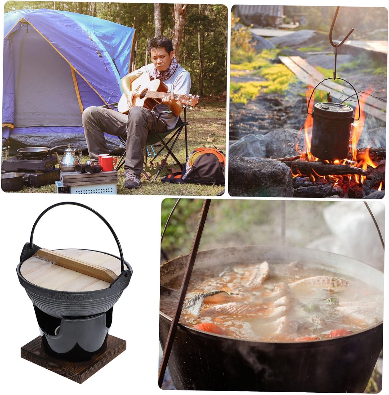 Zerodeko 1Set Camping Cookware Cast Pot with Base for Outdoor Cooking Hiking Picnic and for Family Gatherings