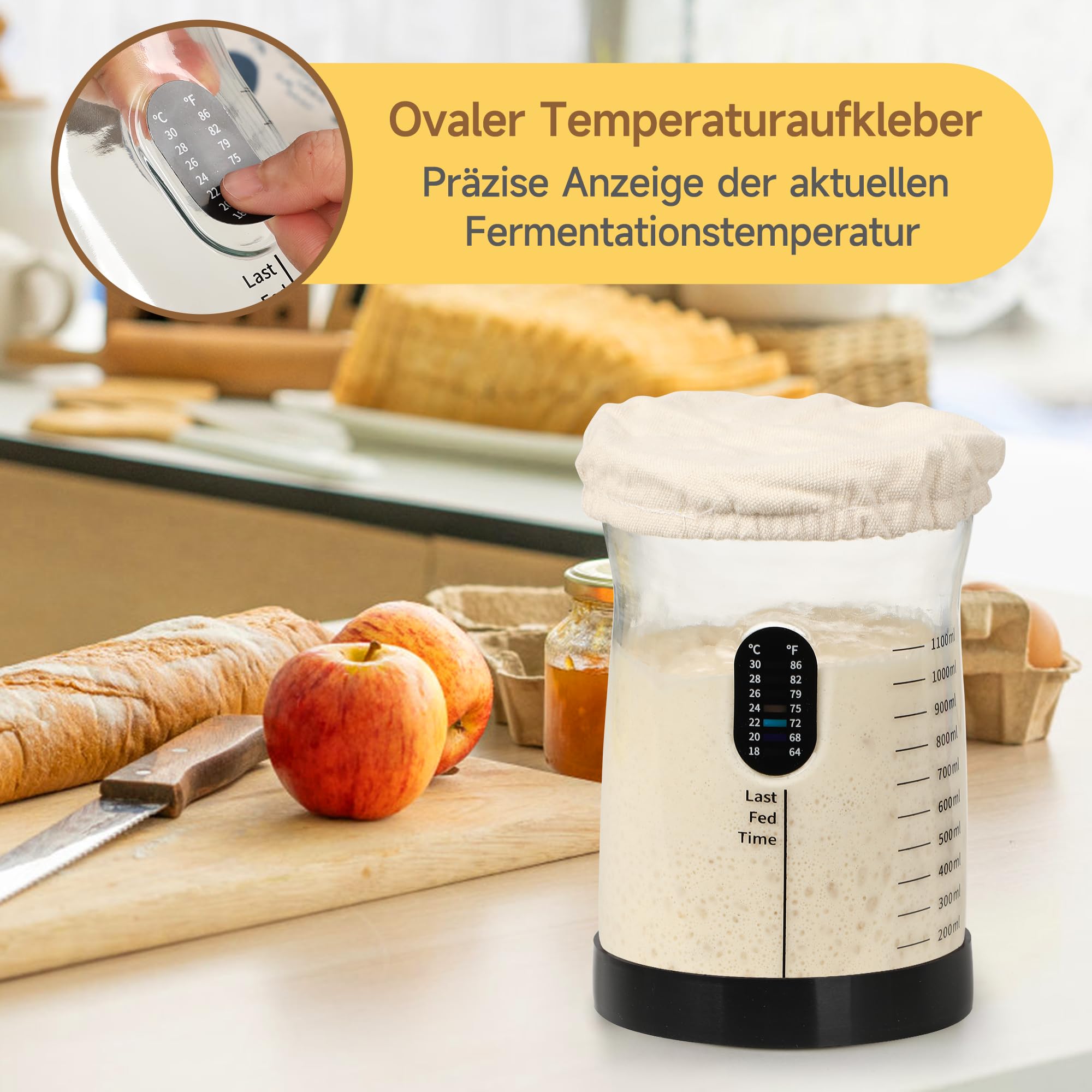 Coco Bird Pro Sauerteig Starter Set – 1,5L Großes Sauerteig Glas mit 17 Rezepten – Sauerteigstarter Zubehör für Brotbacken & Fermentation (1 Stück)