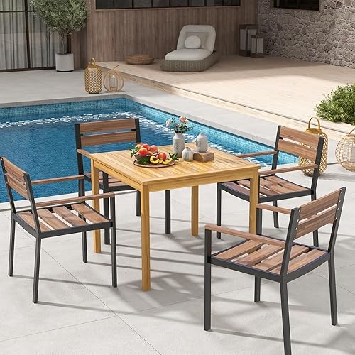 Miniatura 4 de Tangkula Mesa de comedor cuadrada para exteriores, mesa de comedor de madera de acacia para 4 personas con agujero para sombrilla de 1.9 pulgadas,