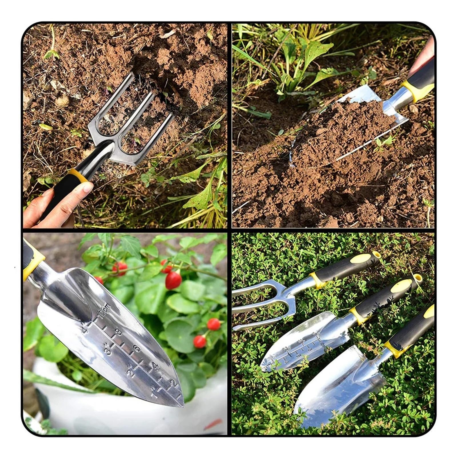 Generico Set di Attrezzi da Giardino, Confezione 4, con cazzuola, rastrello a Mano for coltivatore, trapianto, Guanti Giardinaggio for diserbo, allentamento del Terreno