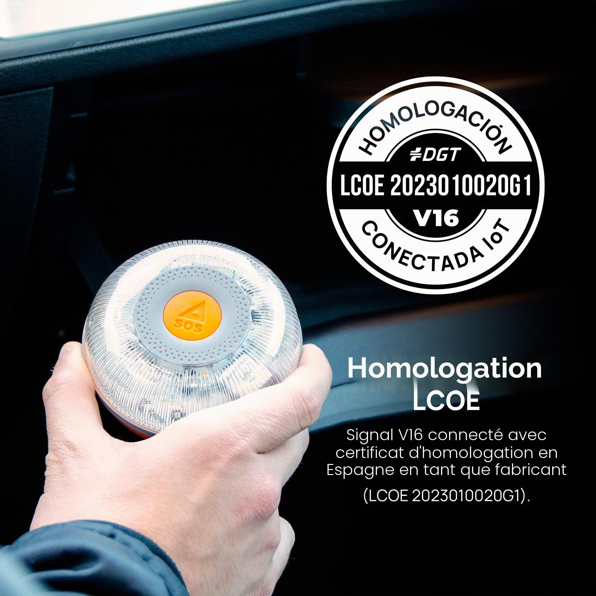 FlashLED SOS Lumière d'urgence V 16 connectée homologuée DGT 3.0 Obligatoire, SIM, Service de données Inclus jusqu'à 2038, Base aimantée, résistance IP54 + Help Flash Smart connectivité Incidence App