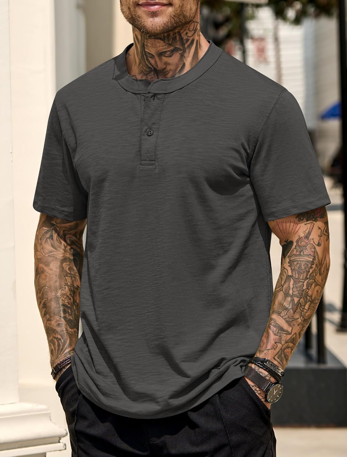 Mens Henley Shirts Casual Loose Fit Stretch Plain Short Sleeve T-Shirts (S-XXL) - Image 6