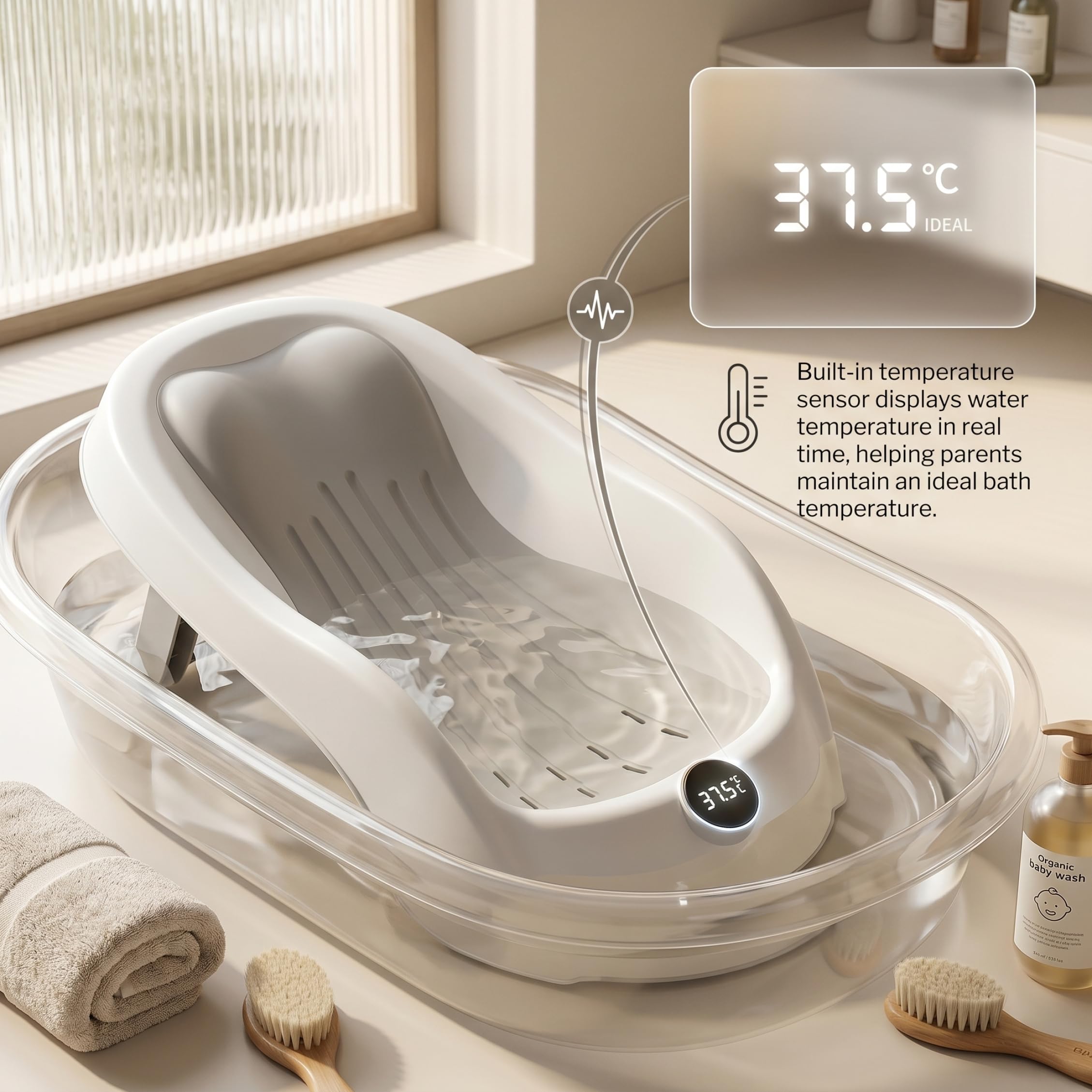 Supporto per bagnetto, vaschetta per il bagnetto con display digitale della temperatura e drenaggio, seggiolino pieghevole per vasca da bagno antiscivolo per neonati (grigio) &1