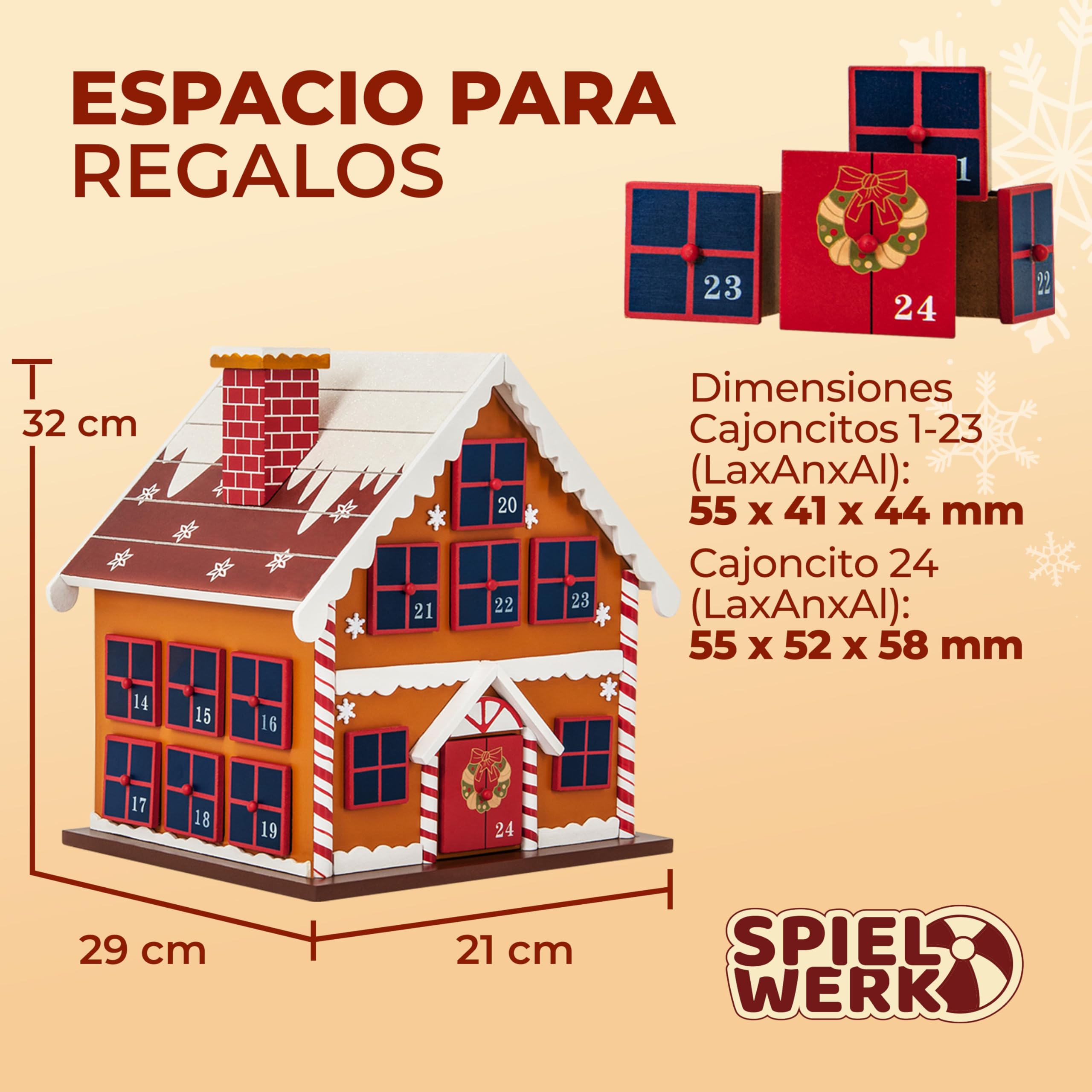 Spielwerk® Calendario de Adviento Madera Casita Jengibre 24 Cajoncitos Rellenable Chuches Vacio Reutilizable Adorno Decoración Navidad 2025 Personalizable