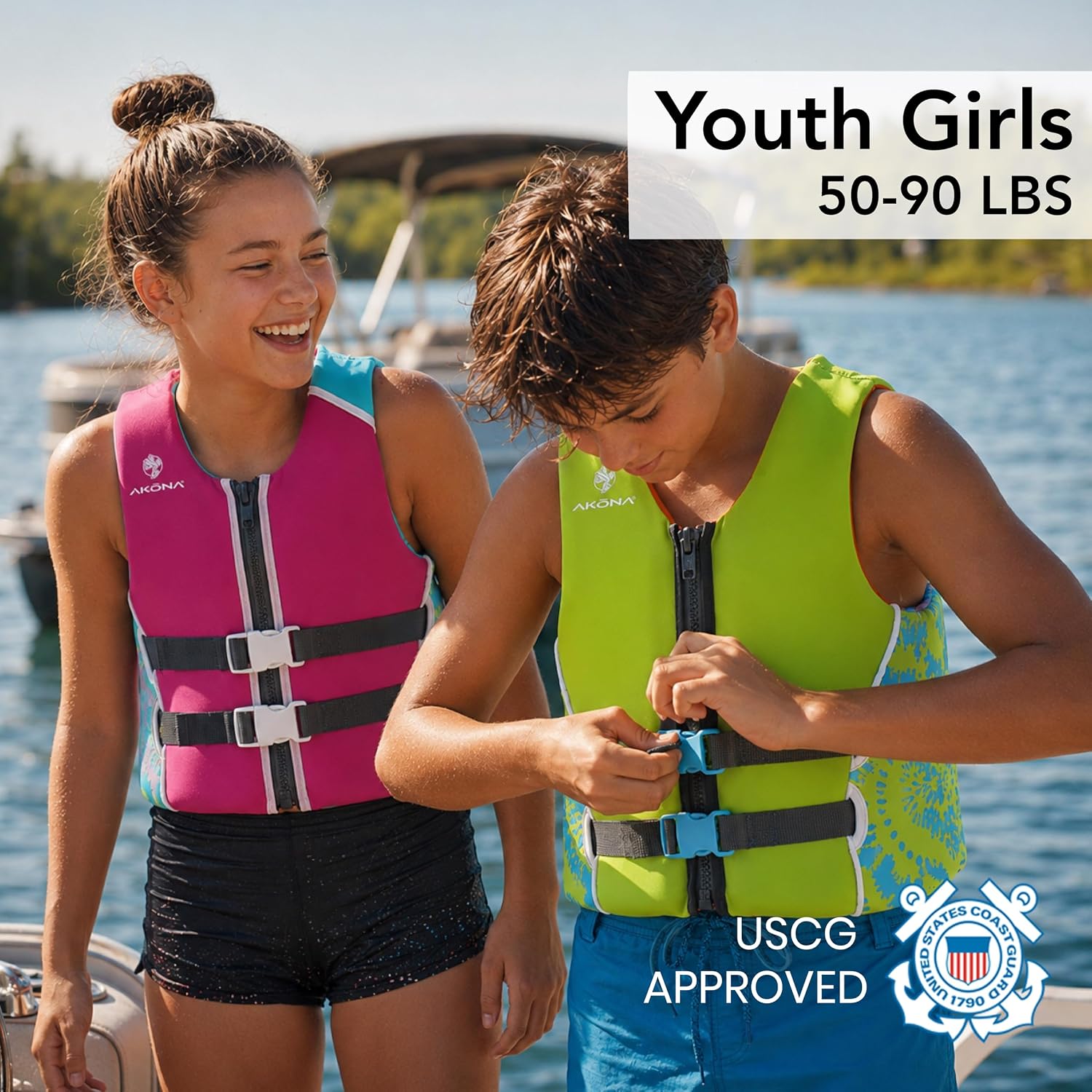 AKONA Youth Neoprene Life Jacket for Girls, US Coast Guard Approved, Rated for Children Weighing 50-90 Pounds