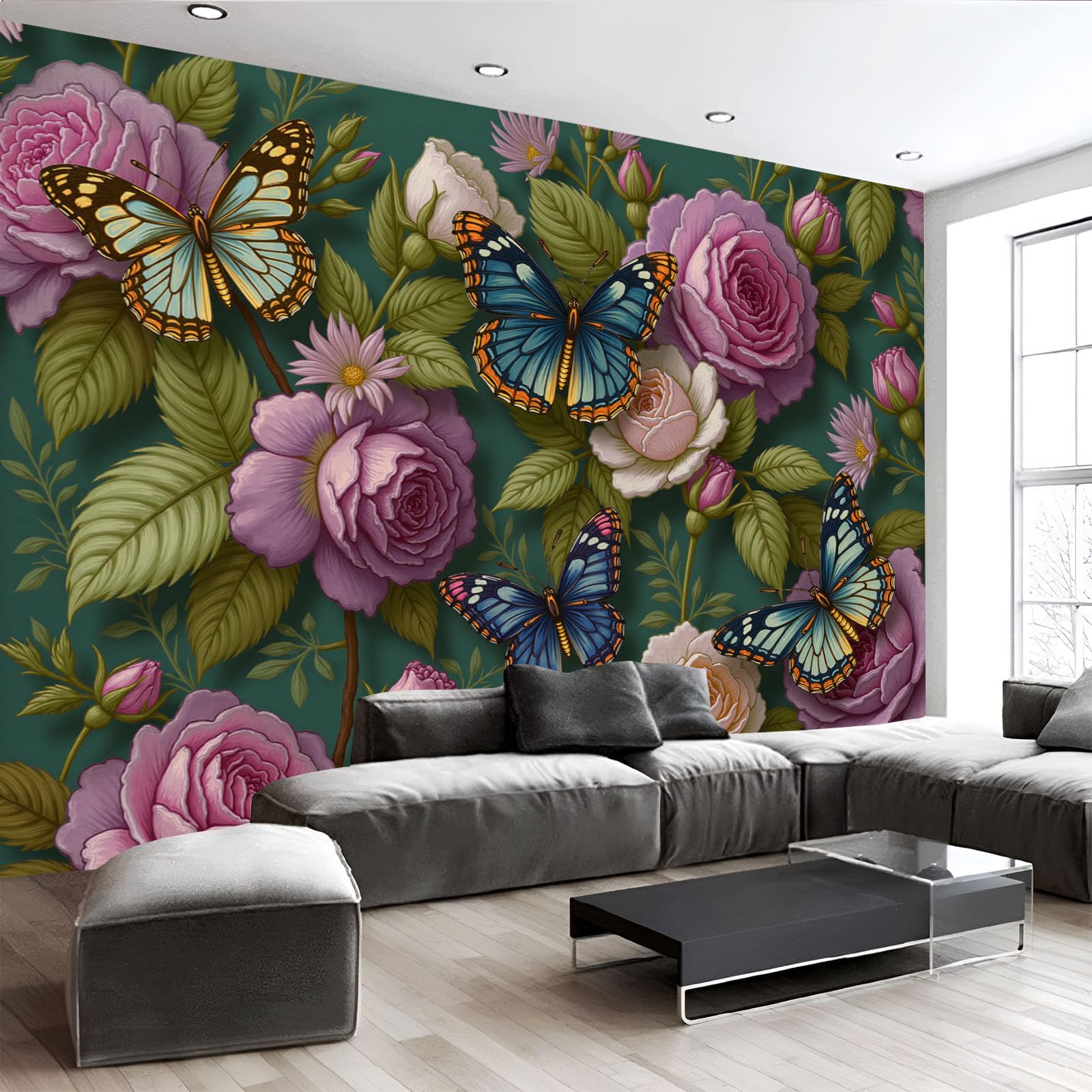 Papier peint panoramique fleurs rétro camoufler grand mur salon chambre soie vert