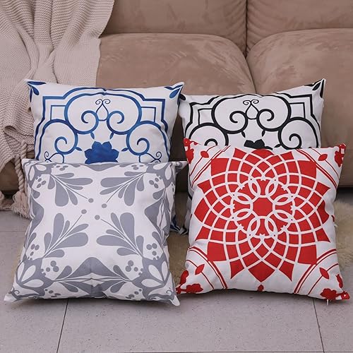 Miniatura 5 de Juego de 4 fundas de almohada decorativas con diseño geométrico de flores rojas de 20 x 20 pulgadas, fundas cuadradas para sofá, patio, sofá,